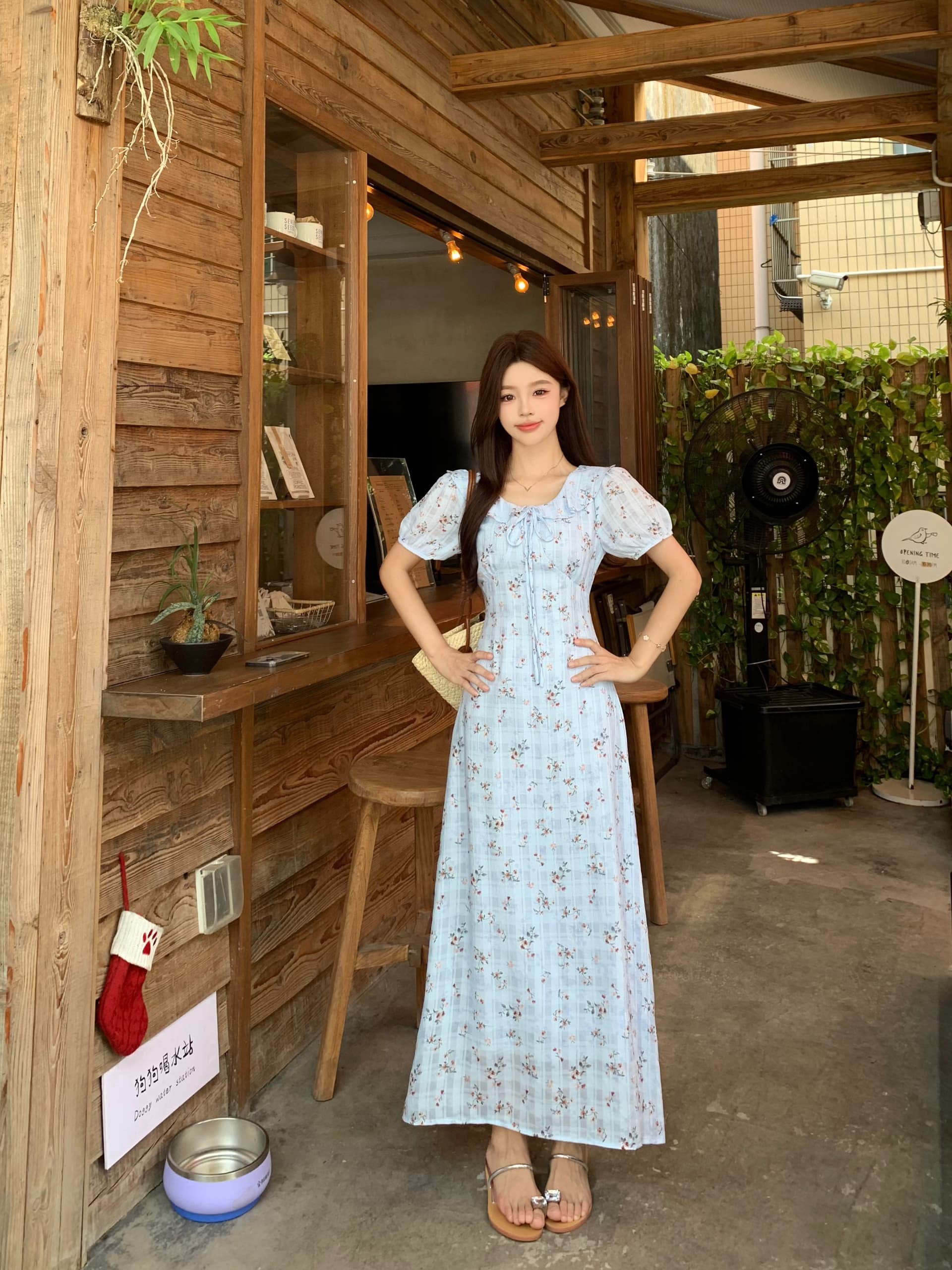 빅 사이즈 mm 파란색 꽃무늬 프릴 칼라 드레스 프랑스식 차 휴식 부드러운 부서 꼬집기 허리 슬림해 보이는 레이스업 캐주얼 치마 상세 이미지 13