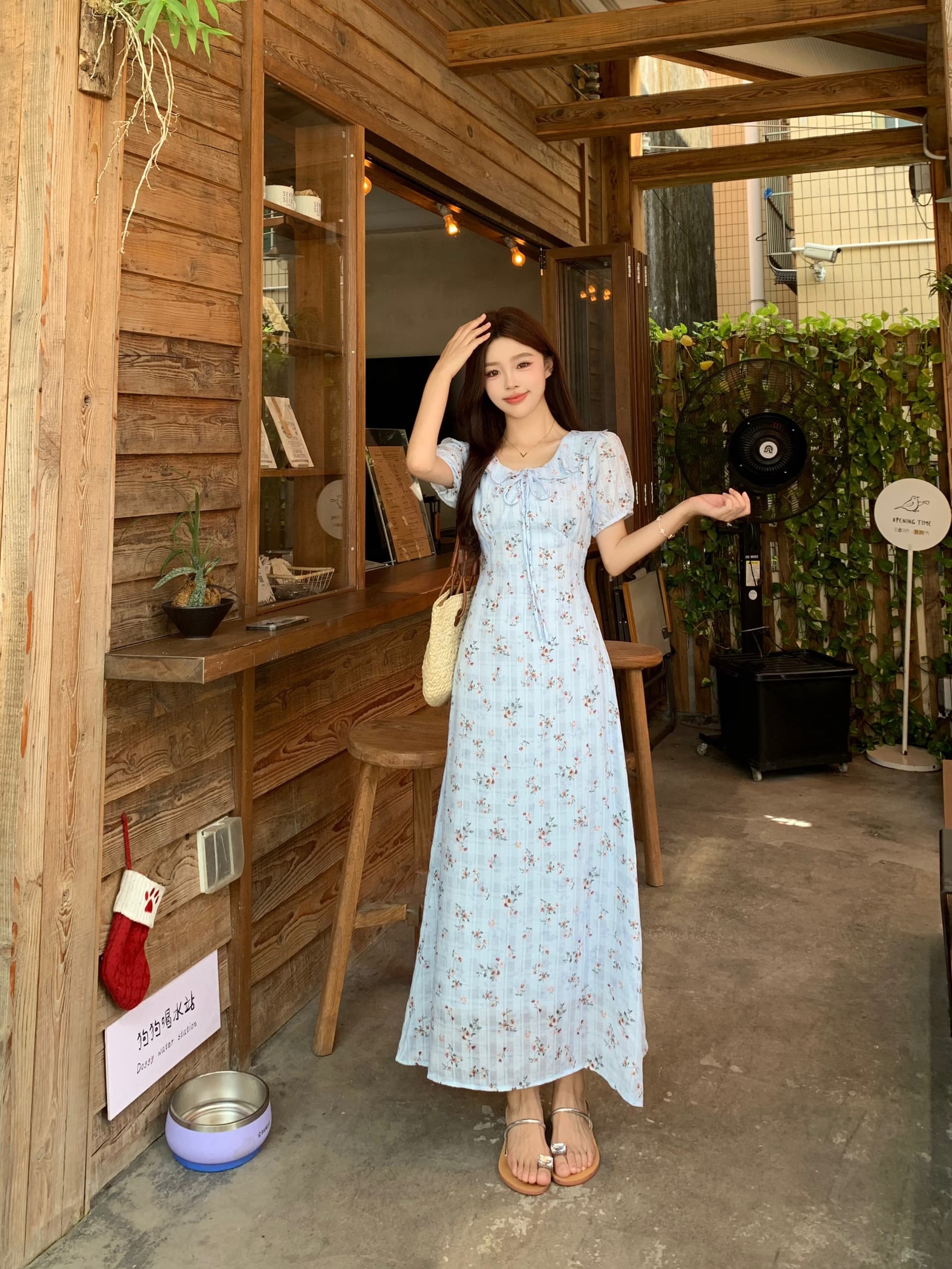 빅 사이즈 mm 파란색 꽃무늬 프릴 칼라 드레스 프랑스식 차 휴식 부드러운 부서 꼬집기 허리 슬림해 보이는 레이스업 캐주얼 치마 상세 이미지 15