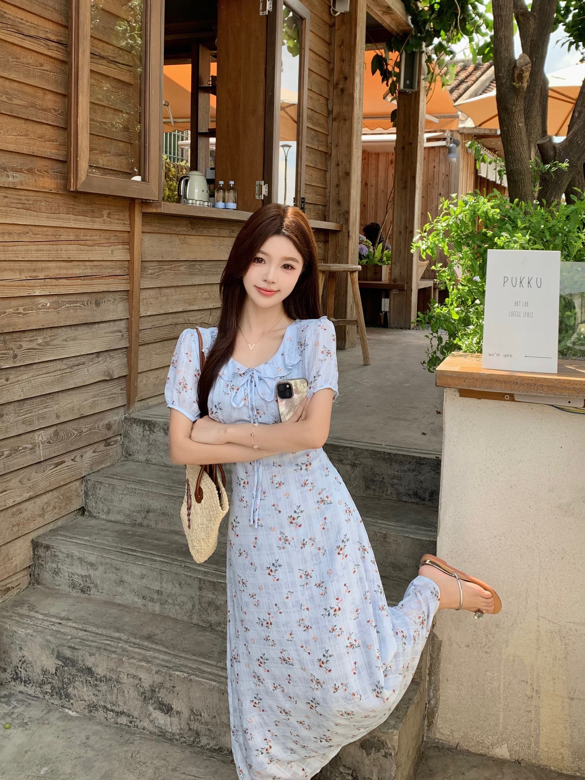 빅 사이즈 mm 파란색 꽃무늬 프릴 칼라 드레스 프랑스식 차 휴식 부드러운 부서 꼬집기 허리 슬림해 보이는 레이스업 캐주얼 치마 상세 이미지 16