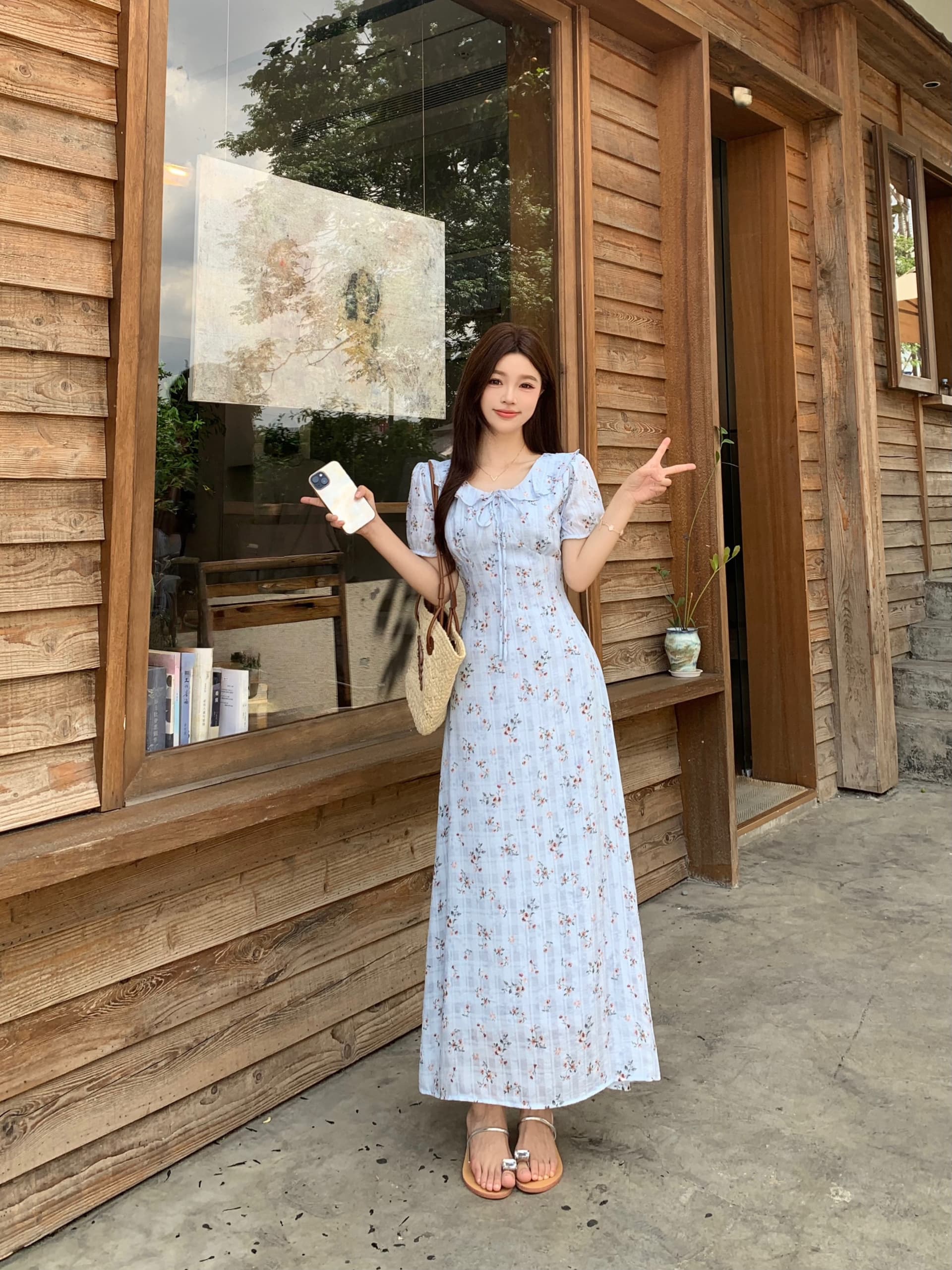 빅 사이즈 mm 파란색 꽃무늬 프릴 칼라 드레스 프랑스식 차 휴식 부드러운 부서 꼬집기 허리 슬림해 보이는 레이스업 캐주얼 치마 상세 이미지 17