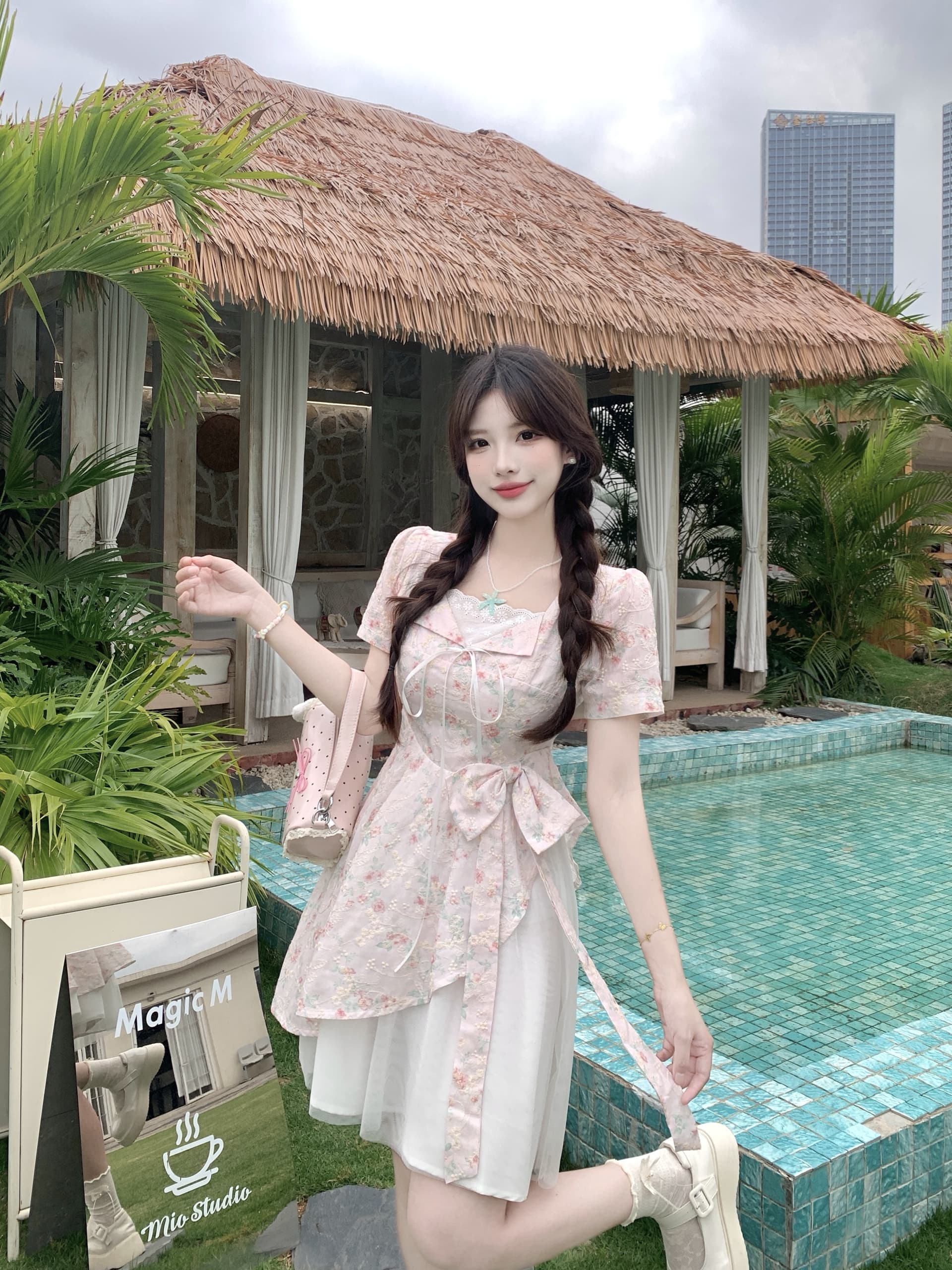 빅 사이즈 달콤한 하나 여름 2026 마이크로 지방 mm 공주 바람 디자인 센스 패치워크 망사 달콤함 나비 매듭 드레스 상세 이미지 6