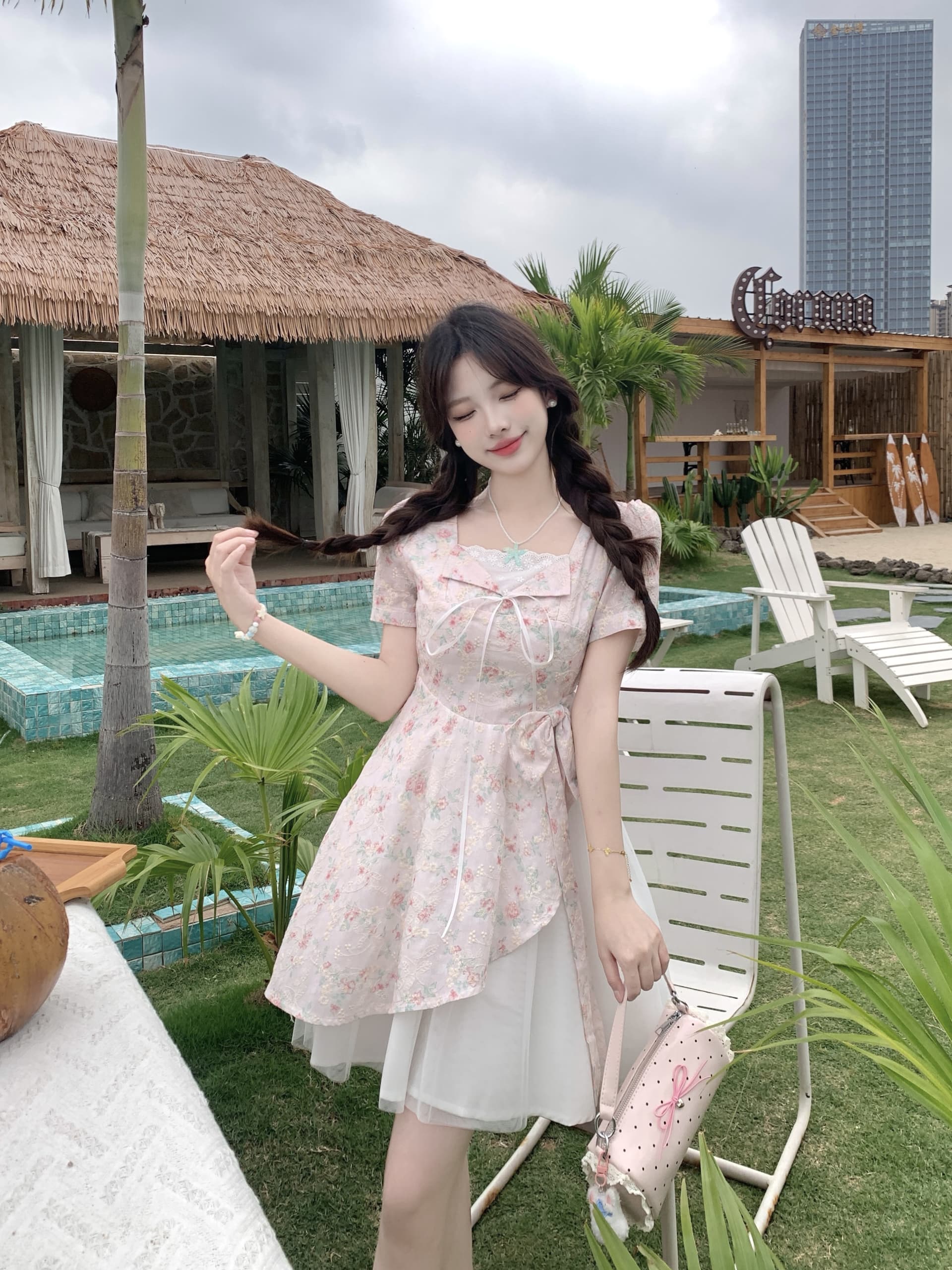 빅 사이즈 달콤한 하나 여름 2026 마이크로 지방 mm 공주 바람 디자인 센스 패치워크 망사 달콤함 나비 매듭 드레스 상세 이미지 9