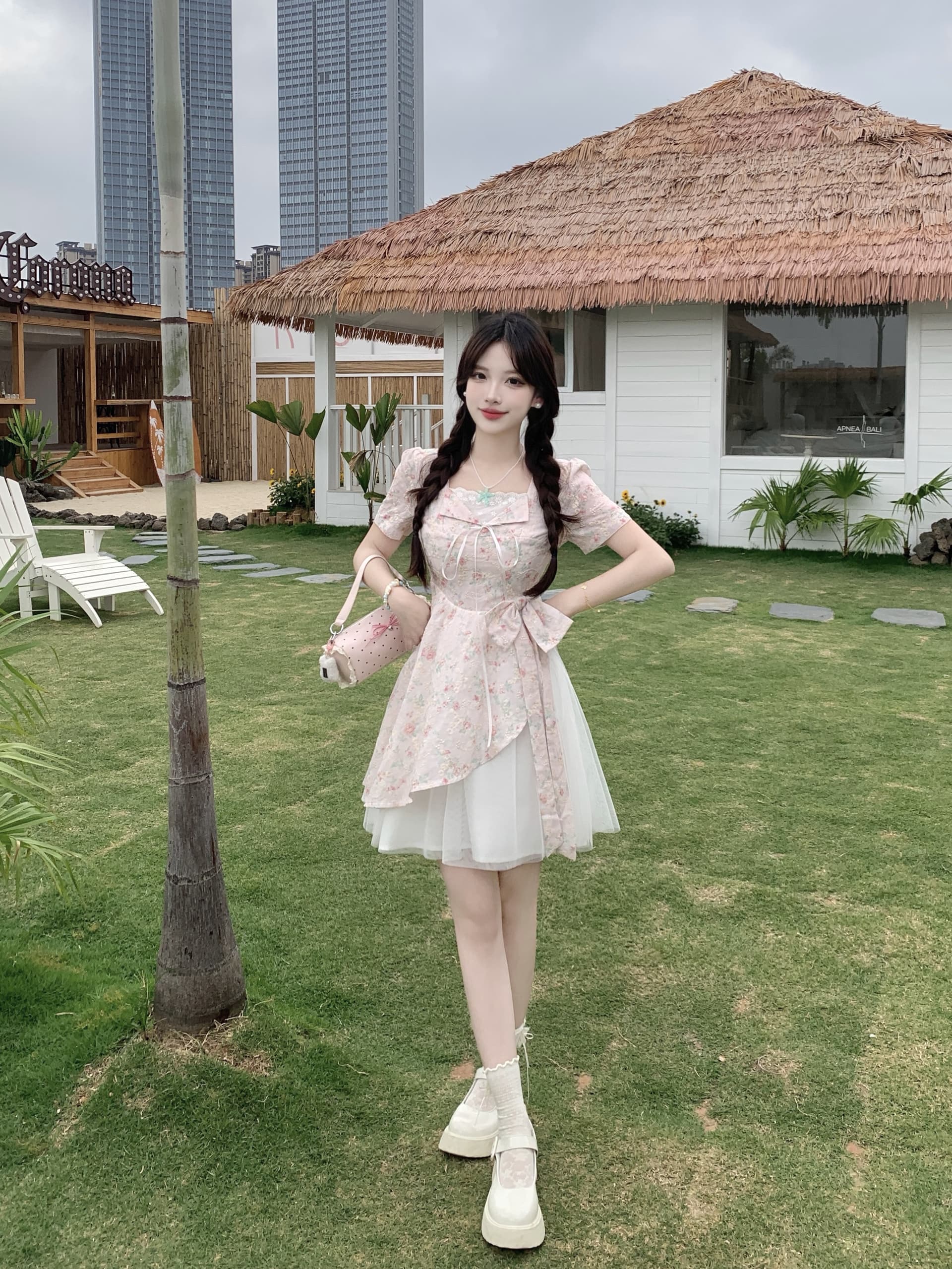 빅 사이즈 달콤한 하나 여름 2026 마이크로 지방 mm 공주 바람 디자인 센스 패치워크 망사 달콤함 나비 매듭 드레스 상세 이미지 10