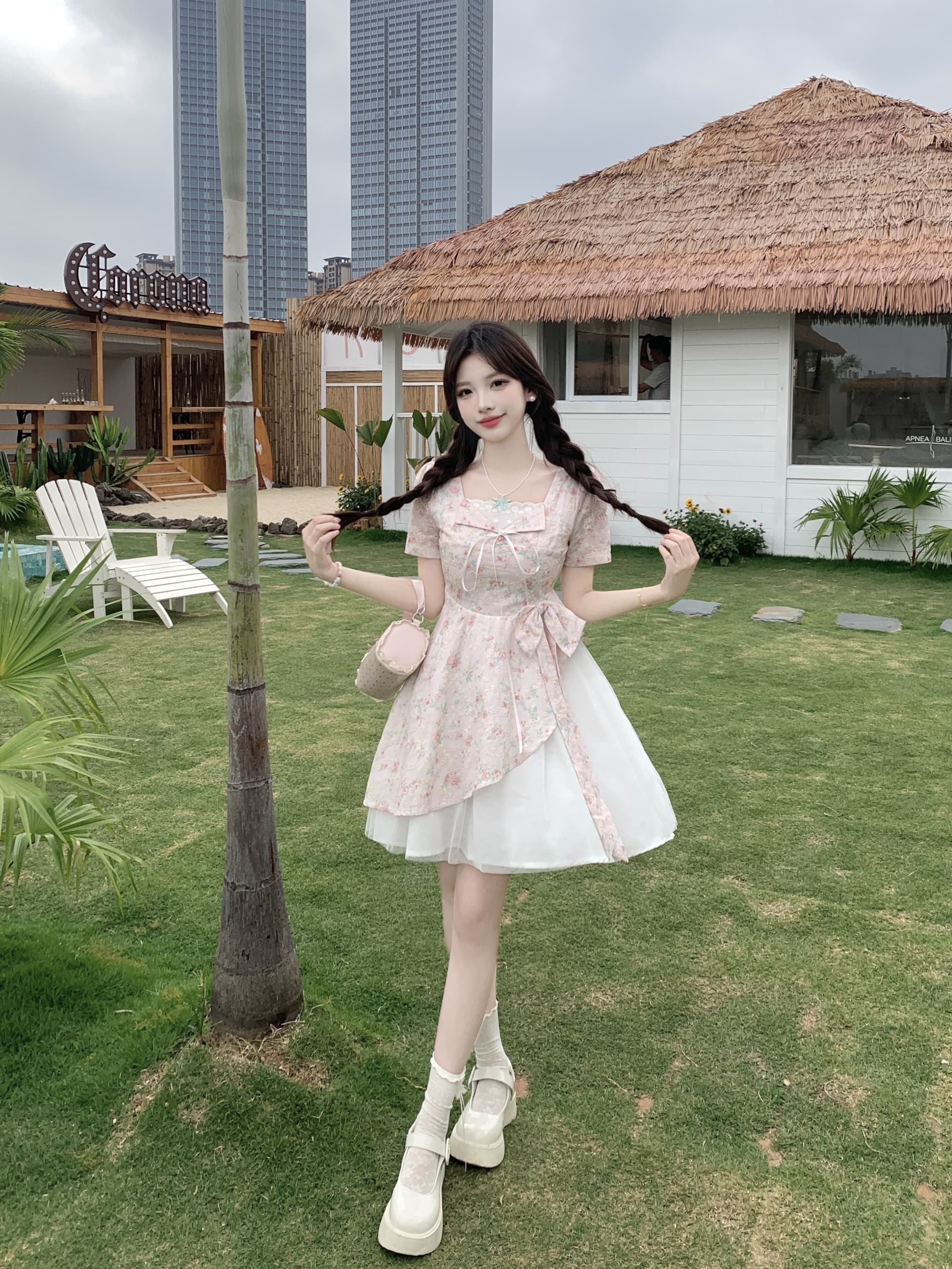 빅 사이즈 달콤한 하나 여름 2026 마이크로 지방 mm 공주 바람 디자인 센스 패치워크 망사 달콤함 나비 매듭 드레스 상세 이미지 11