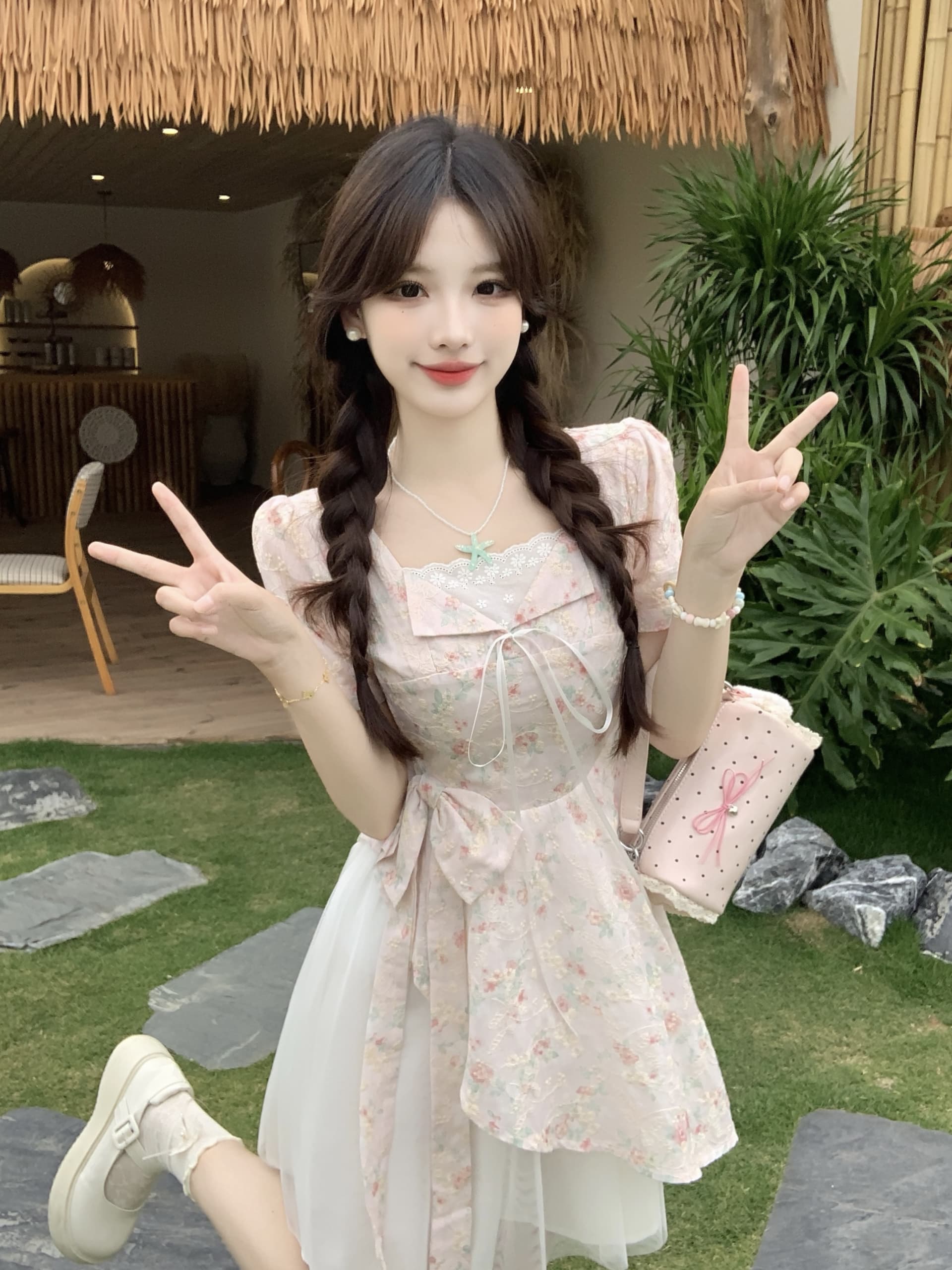 빅 사이즈 달콤한 하나 여름 2026 마이크로 지방 mm 공주 바람 디자인 센스 패치워크 망사 달콤함 나비 매듭 드레스 상세 이미지 13