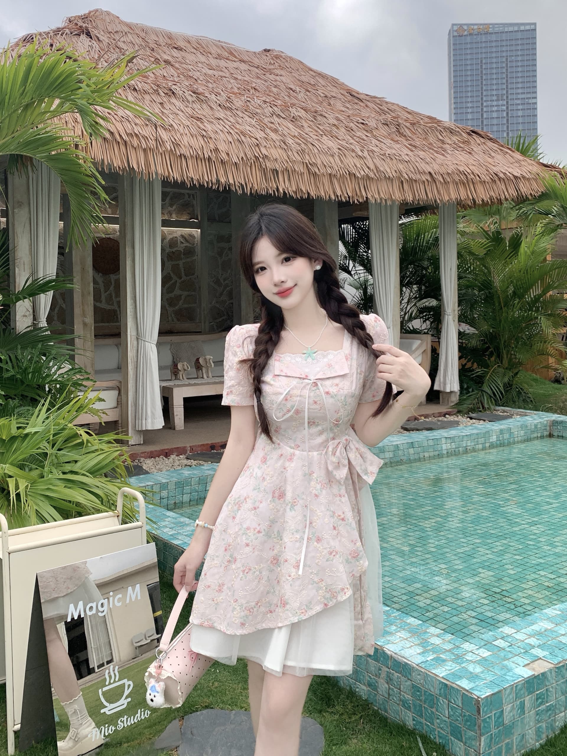 빅 사이즈 달콤한 하나 여름 2026 마이크로 지방 mm 공주 바람 디자인 센스 패치워크 망사 달콤함 나비 매듭 드레스 상세 이미지 16