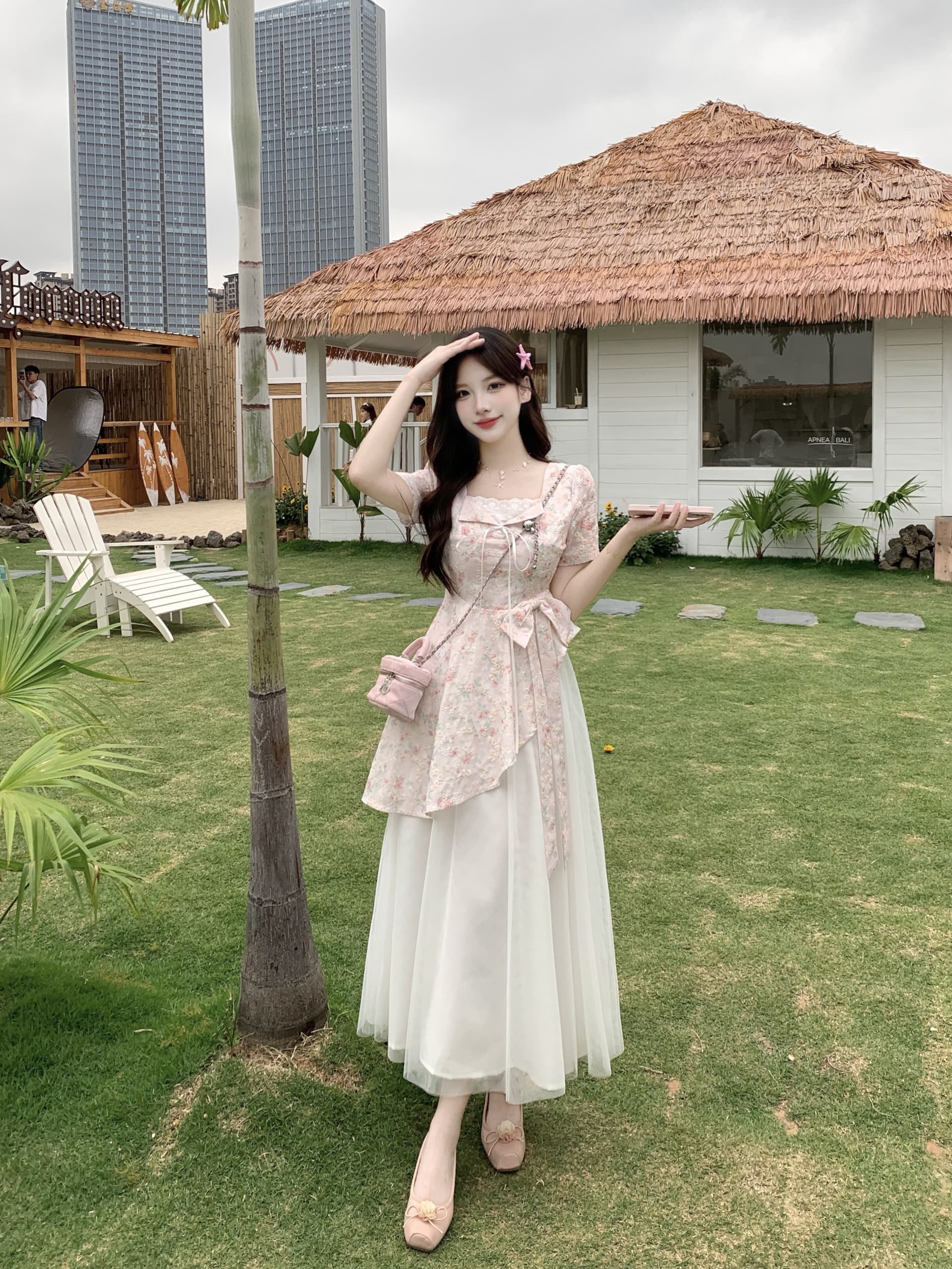 빅 사이즈 달콤한 하나 여름 2026 마이크로 지방 mm 공주 바람 디자인 센스 패치워크 망사 달콤함 나비 매듭 드레스 상세 이미지 17