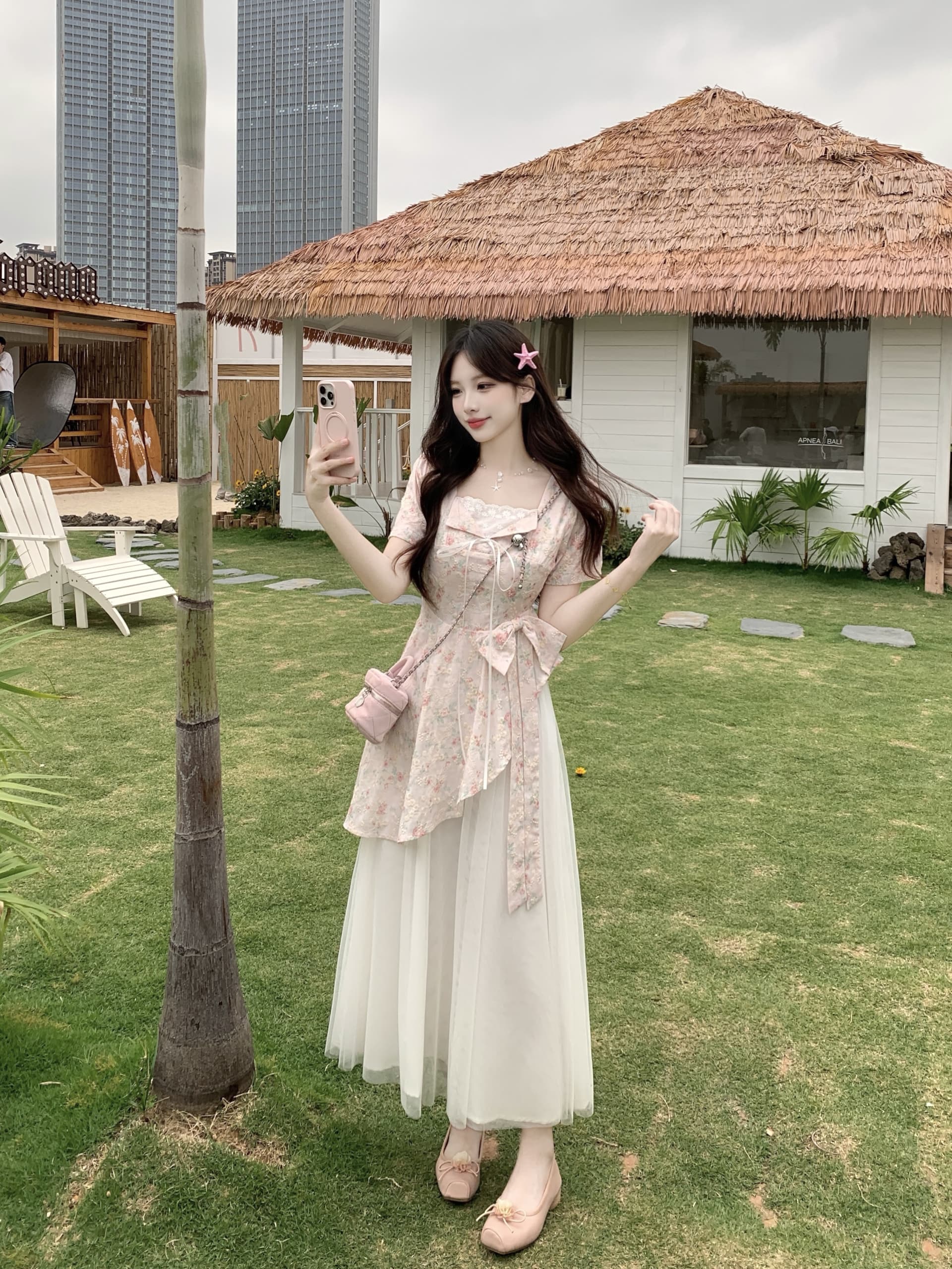 빅 사이즈 달콤한 하나 여름 2026 마이크로 지방 mm 공주 바람 디자인 센스 패치워크 망사 달콤함 나비 매듭 드레스 상세 이미지 18