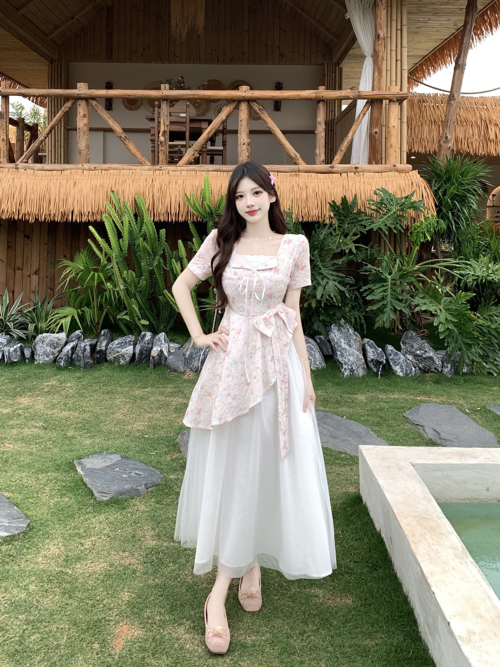 빅 사이즈 달콤한 하나 여름 2026 마이크로 지방 mm 공주 바람 디자인 센스 패치워크 망사 달콤함 나비 매듭 드레스 상세 이미지 22