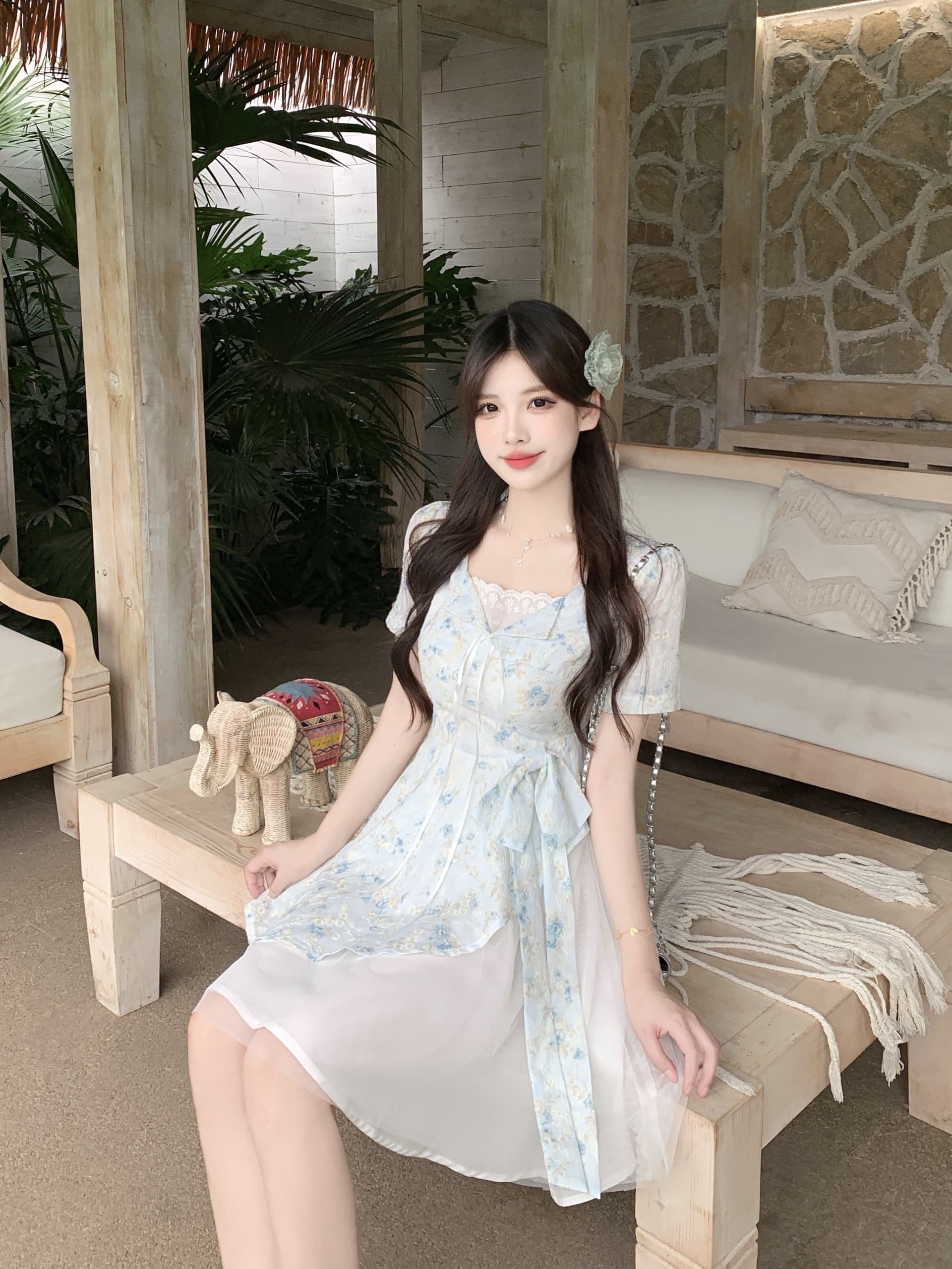 빅 사이즈 달콤한 하나 여름 2026 마이크로 지방 mm 공주 바람 디자인 센스 패치워크 망사 달콤함 나비 매듭 드레스 상세 이미지 31