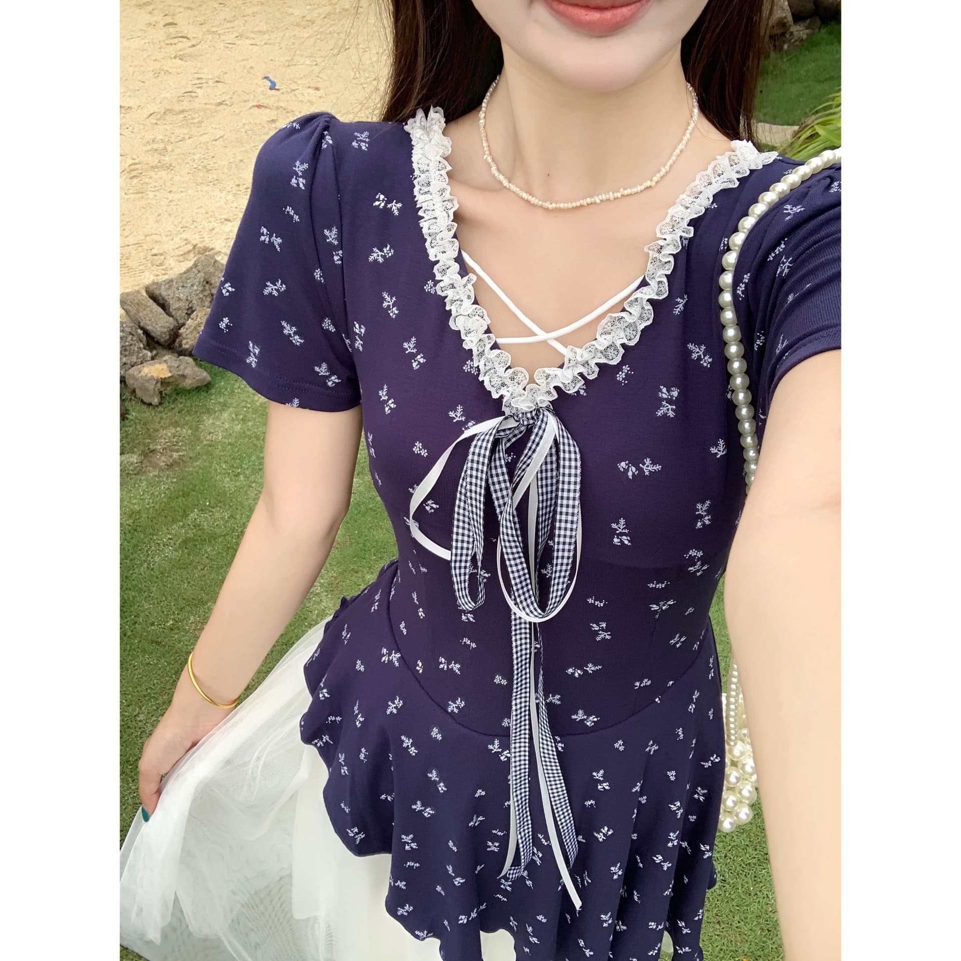 빅 사이즈 블루 섬 꽃 시리아 지방 mm 달콤함 허리 수축 슬림해 보이는 불규칙 망사 드레스 품격 레이스 꽃무늬 치마 여성 상세 이미지 18
