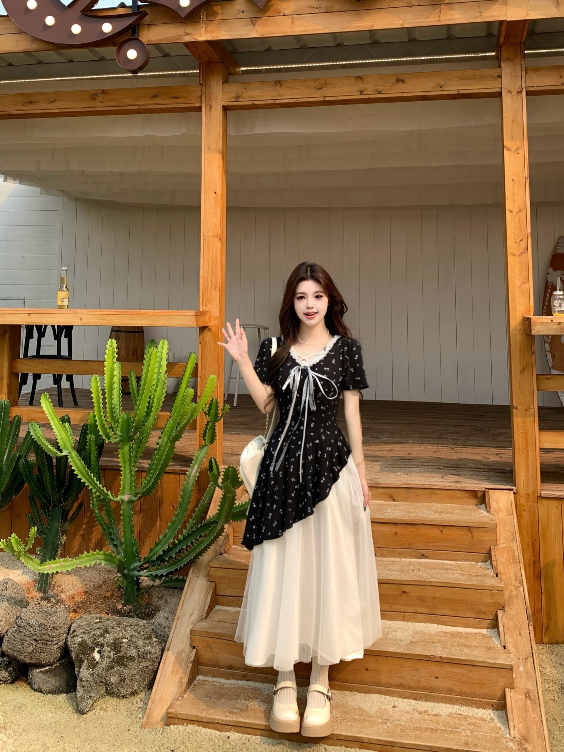 빅 사이즈 블루 섬 꽃 시리아 지방 mm 달콤함 허리 수축 슬림해 보이는 불규칙 망사 드레스 품격 레이스 꽃무늬 치마 여성 상세 이미지 36