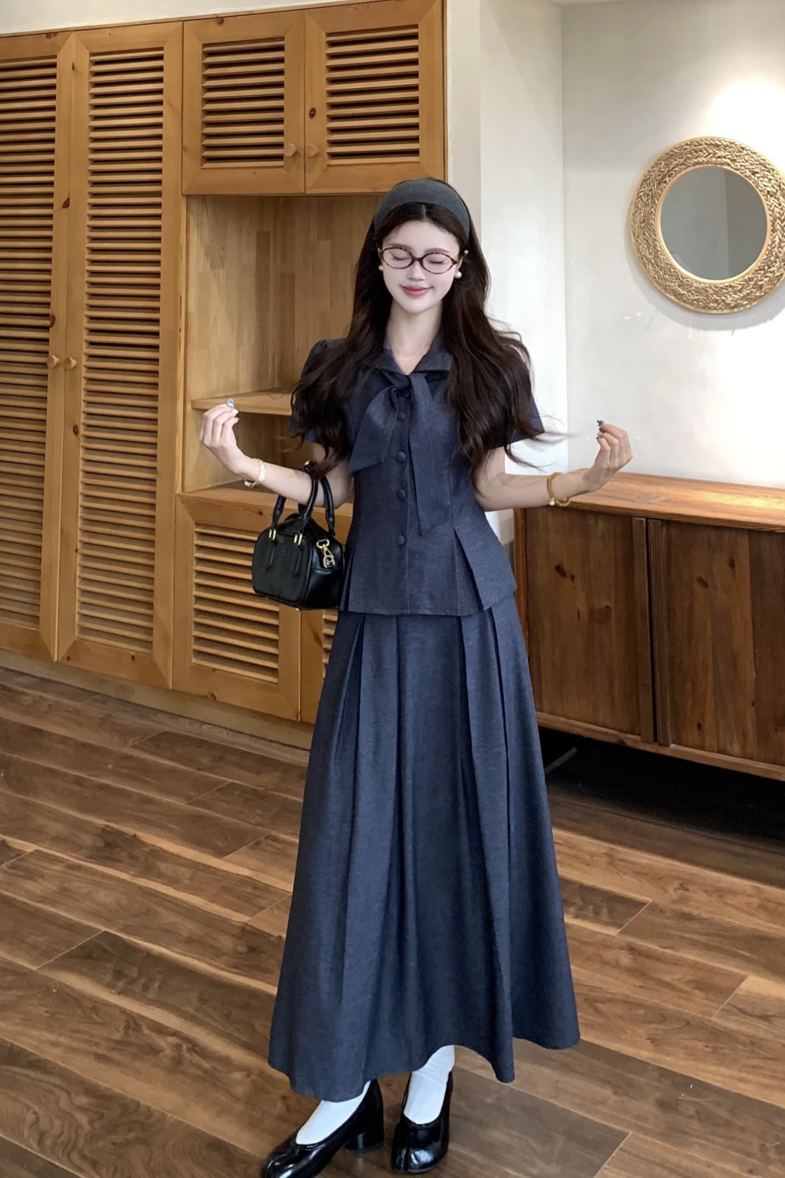 빅 사이즈 26 마이크로 지방 여자 이름 학원 여름 높음 지혜 학원 스타일 나비 매듭 셔츠 반신 스커트 허리 수축 슬림해 보이는 세트 이미지 6