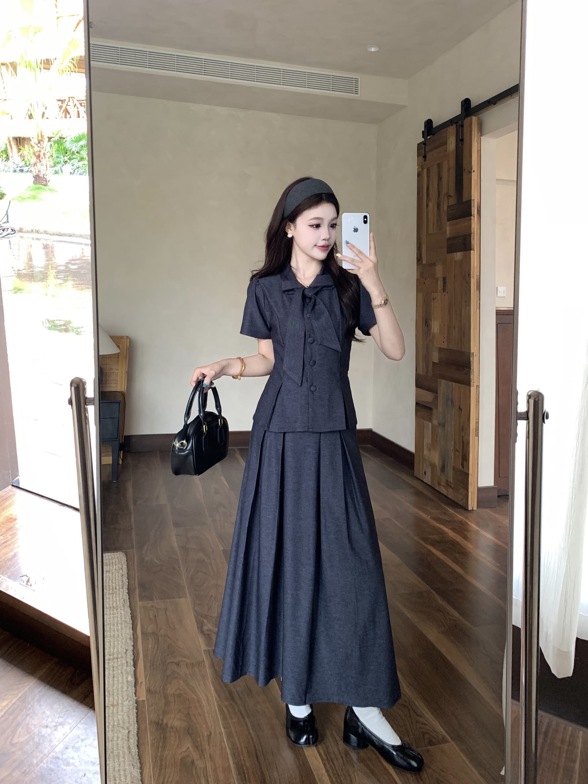 빅 사이즈 26 마이크로 지방 여자 이름 학원 여름 높음 지혜 학원 스타일 나비 매듭 셔츠 반신 스커트 허리 수축 슬림해 보이는 세트 상세 이미지 5