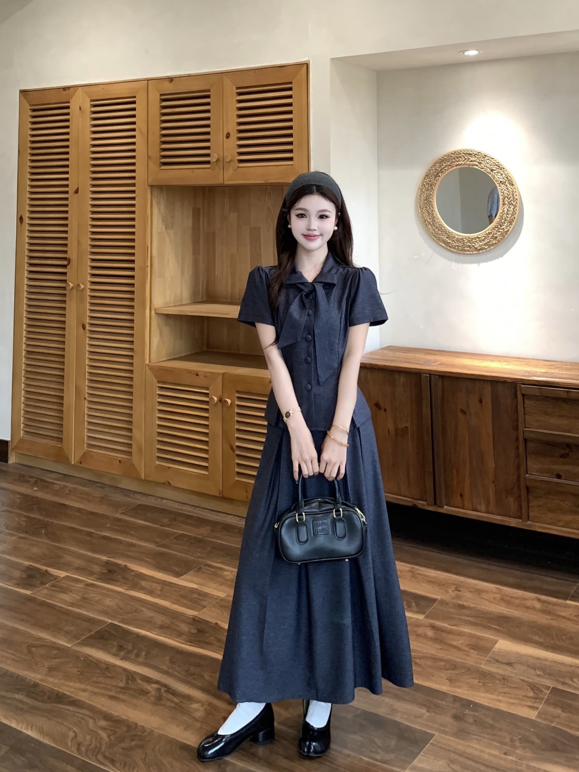 빅 사이즈 26 마이크로 지방 여자 이름 학원 여름 높음 지혜 학원 스타일 나비 매듭 셔츠 반신 스커트 허리 수축 슬림해 보이는 세트 상세 이미지 7