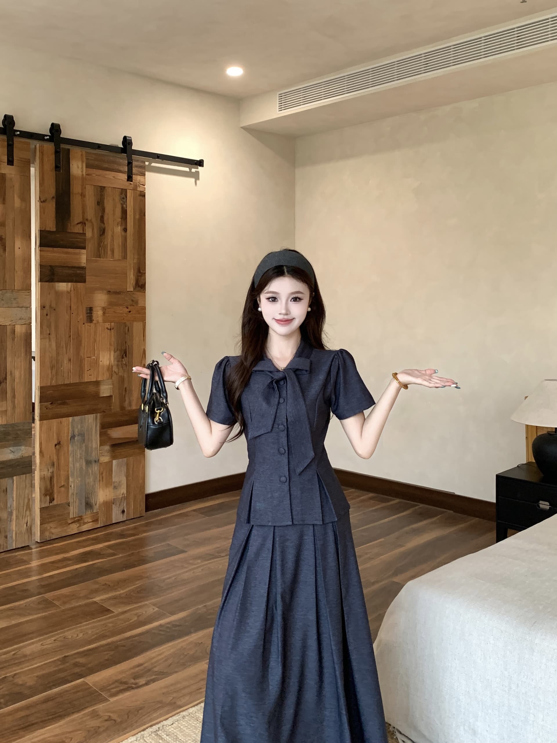 빅 사이즈 26 마이크로 지방 여자 이름 학원 여름 높음 지혜 학원 스타일 나비 매듭 셔츠 반신 스커트 허리 수축 슬림해 보이는 세트 상세 이미지 11