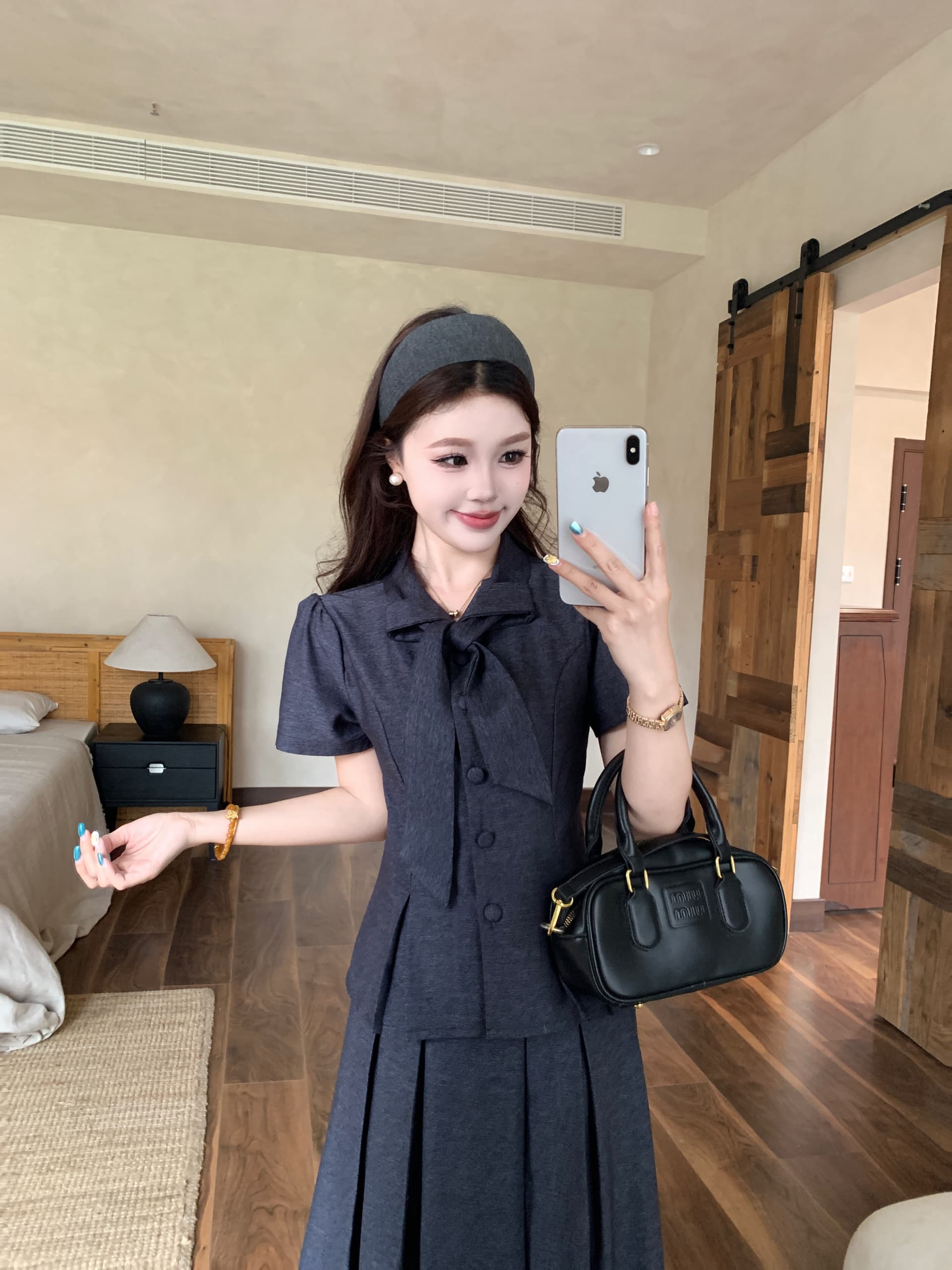 빅 사이즈 26 마이크로 지방 여자 이름 학원 여름 높음 지혜 학원 스타일 나비 매듭 셔츠 반신 스커트 허리 수축 슬림해 보이는 세트 상세 이미지 16