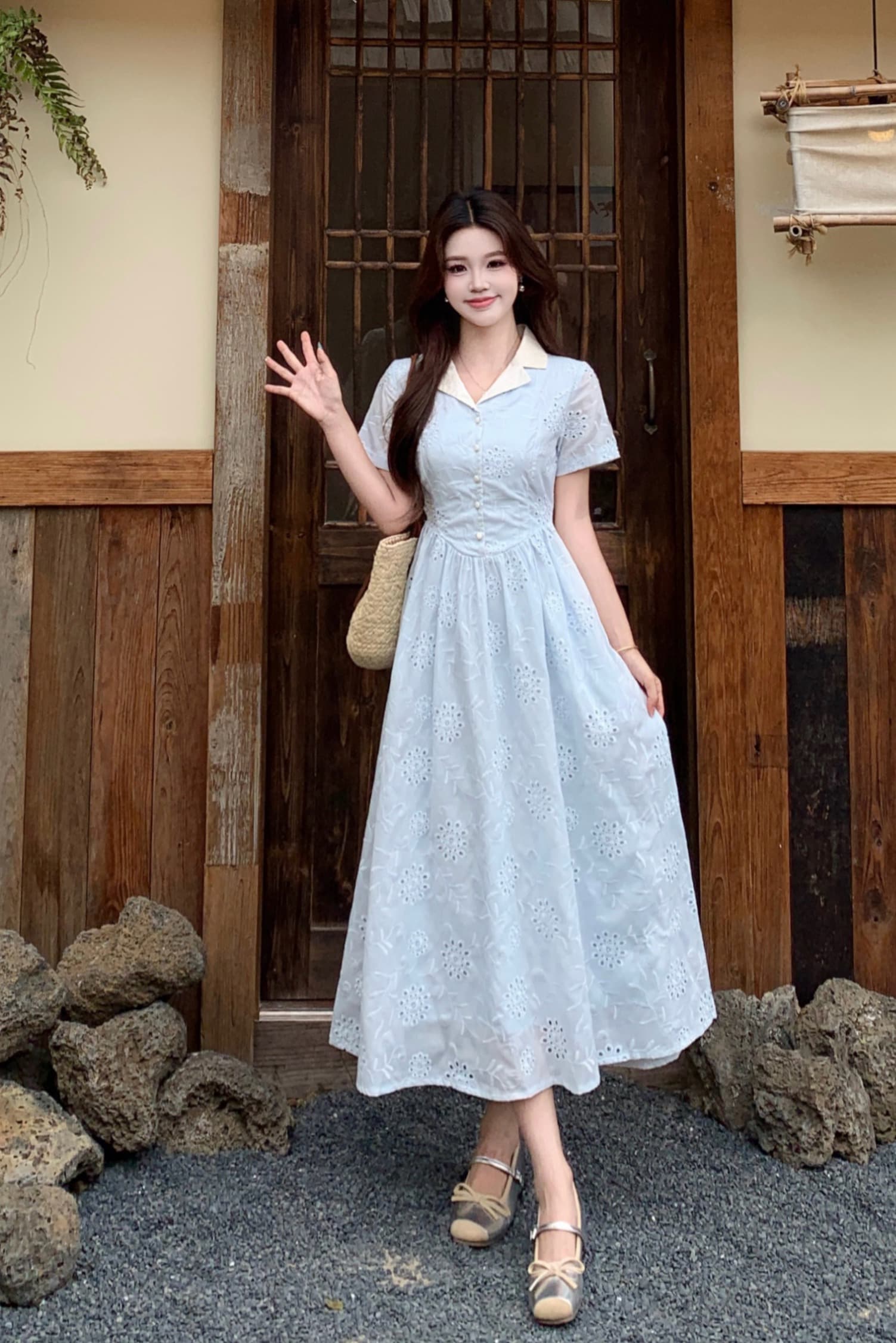 빅 사이즈 프랑스식 부드러운 바람 파란색 꽃무늬 허리 수축 반팔 여름 롱 코트 우아함 달콤함 전원 패션 드레스 이미지 6