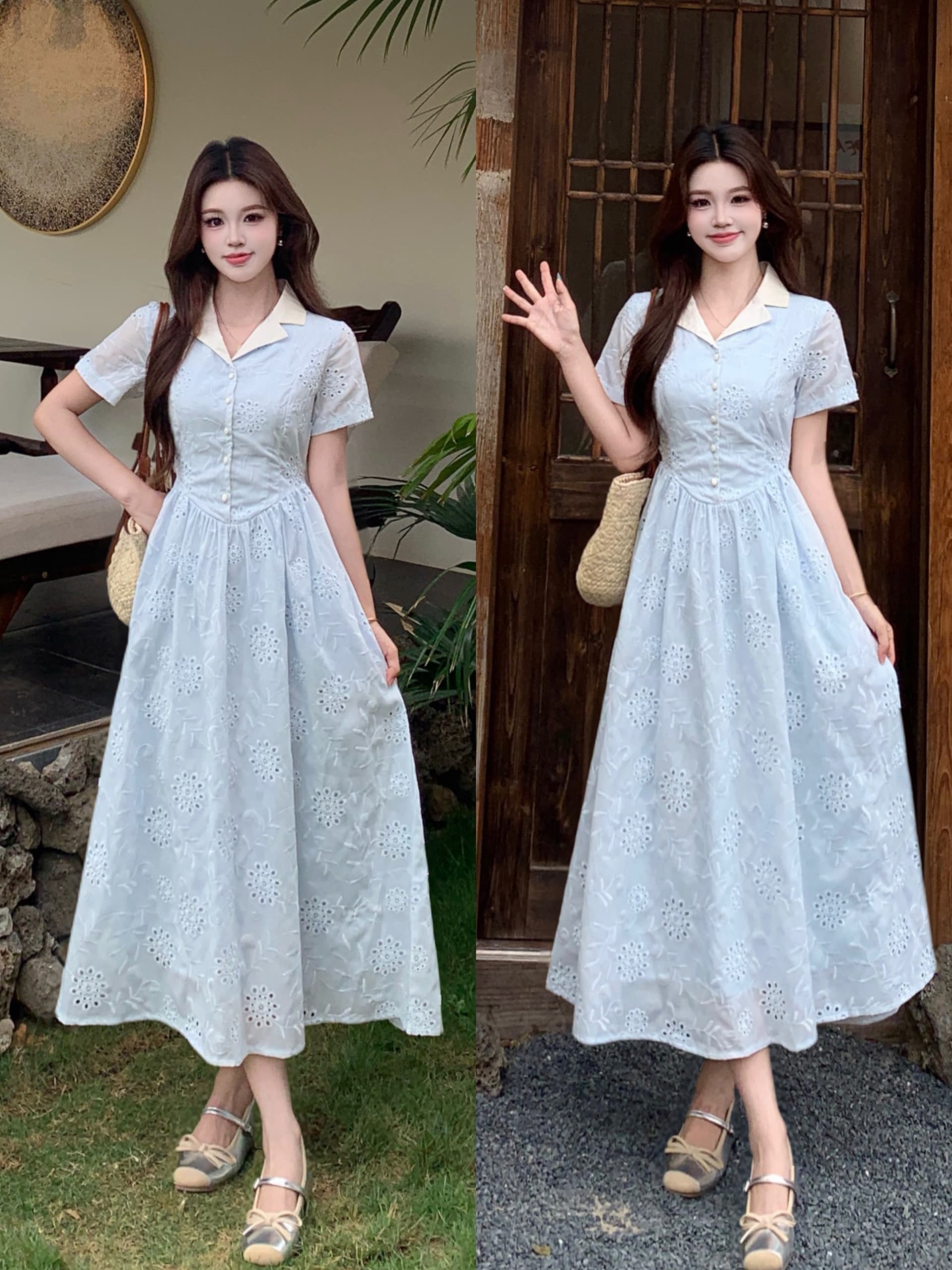 빅 사이즈 프랑스식 부드러운 바람 파란색 꽃무늬 허리 수축 반팔 여름 롱 코트 우아함 달콤함 전원 패션 드레스 상세 이미지 1