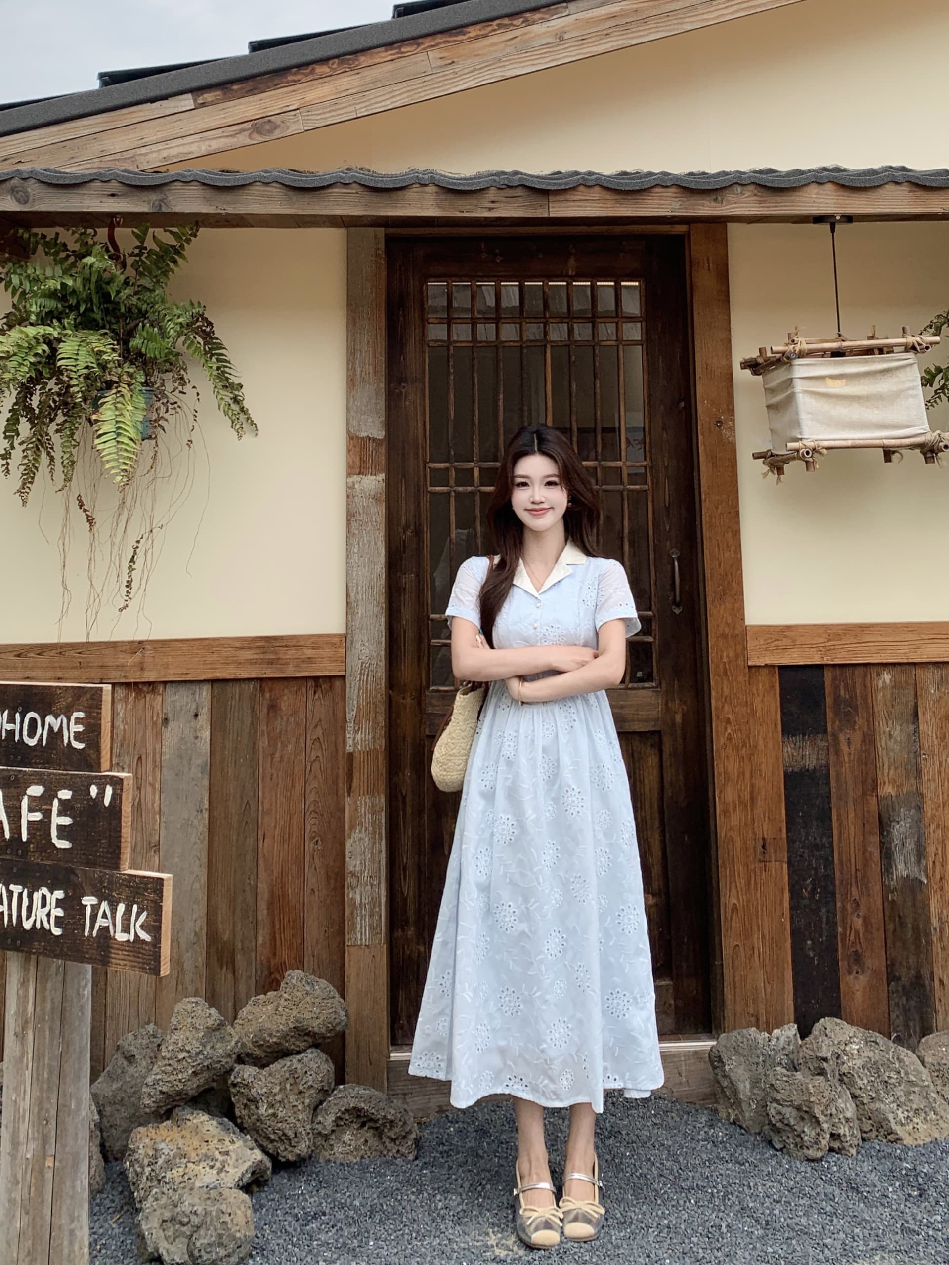 빅 사이즈 프랑스식 부드러운 바람 파란색 꽃무늬 허리 수축 반팔 여름 롱 코트 우아함 달콤함 전원 패션 드레스 상세 이미지 8