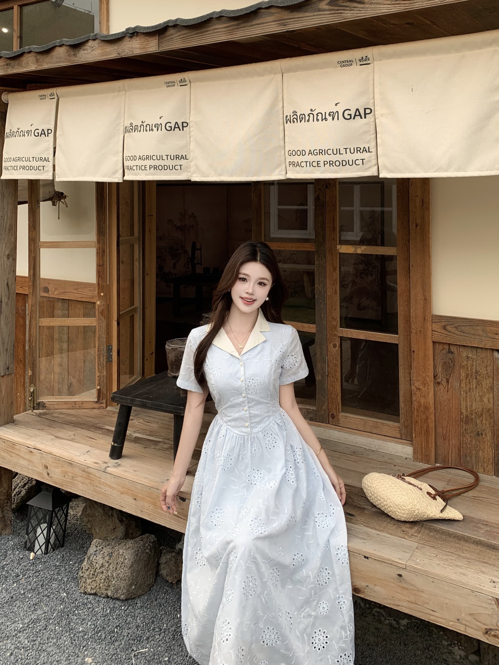 빅 사이즈 프랑스식 부드러운 바람 파란색 꽃무늬 허리 수축 반팔 여름 롱 코트 우아함 달콤함 전원 패션 드레스 상세 이미지 10