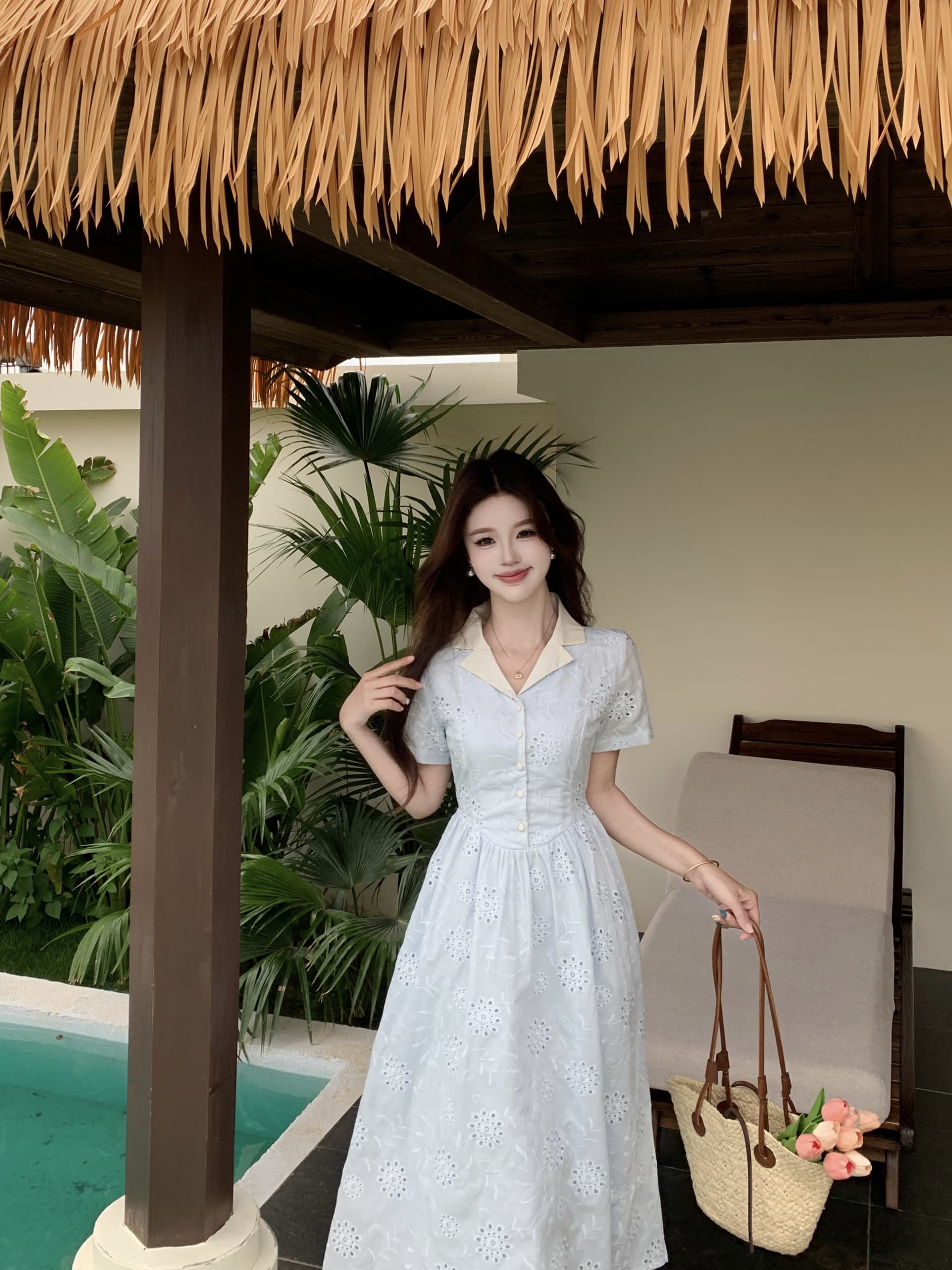 빅 사이즈 프랑스식 부드러운 바람 파란색 꽃무늬 허리 수축 반팔 여름 롱 코트 우아함 달콤함 전원 패션 드레스 상세 이미지 14