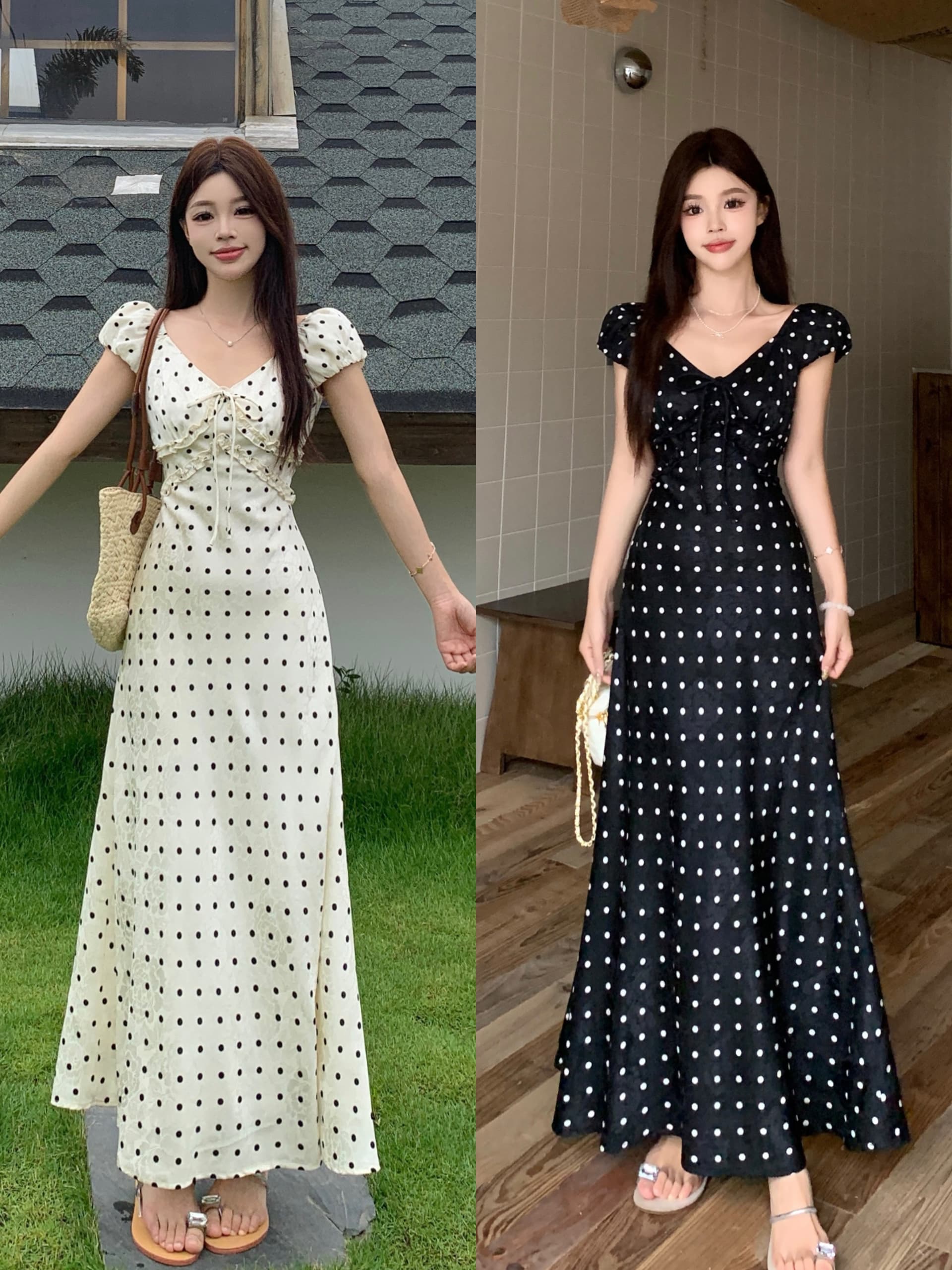 빅 사이즈 휴가 바람 디자인 센스 단색 프랑스식 도트 무늬 작은 날다 소매 여성 드레스 여름 허리 수축 슬림해 보이는 A라인 스커트 상세 이미지 1