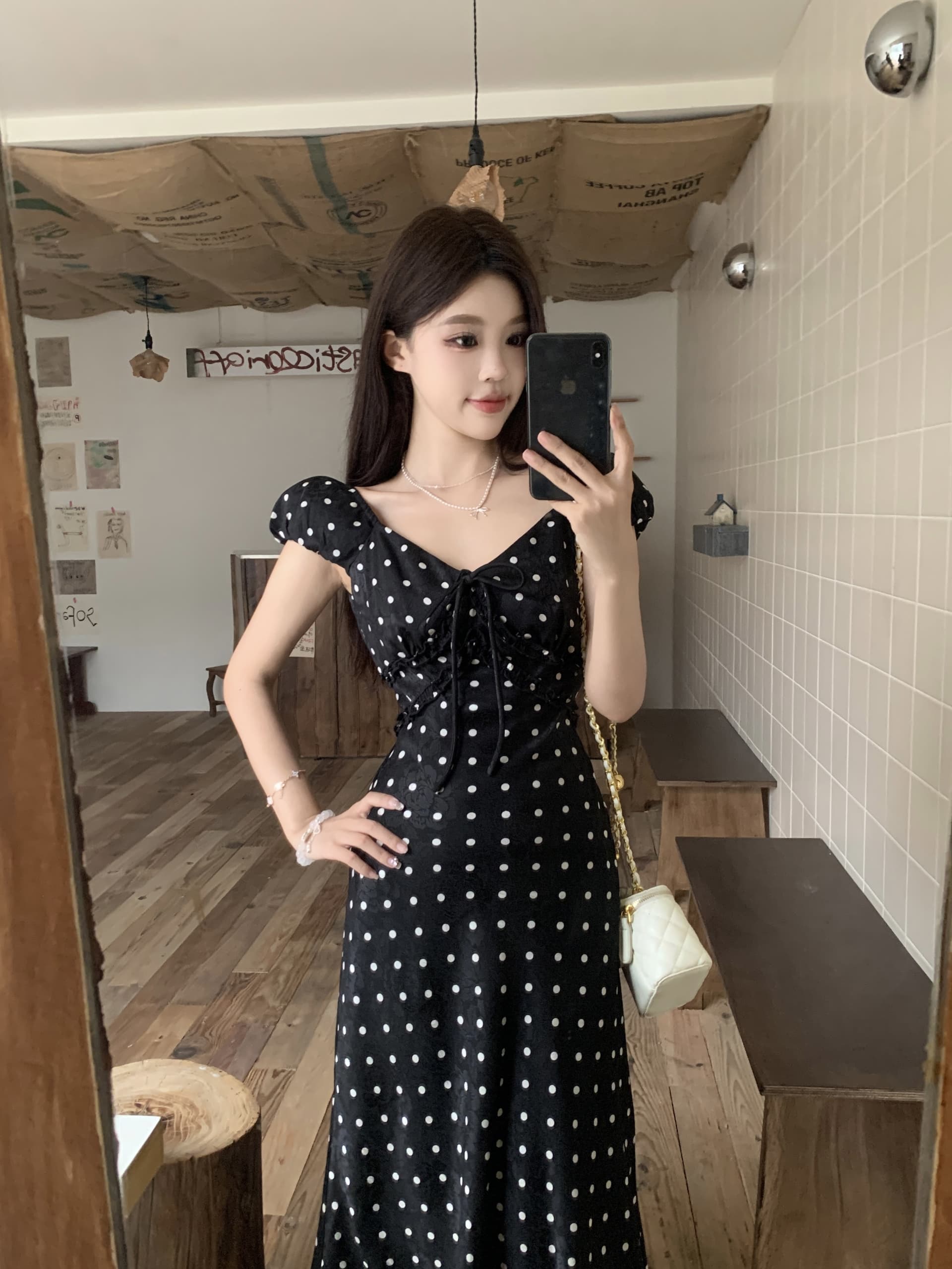빅 사이즈 휴가 바람 디자인 센스 단색 프랑스식 도트 무늬 작은 날다 소매 여성 드레스 여름 허리 수축 슬림해 보이는 A라인 스커트 상세 이미지 19