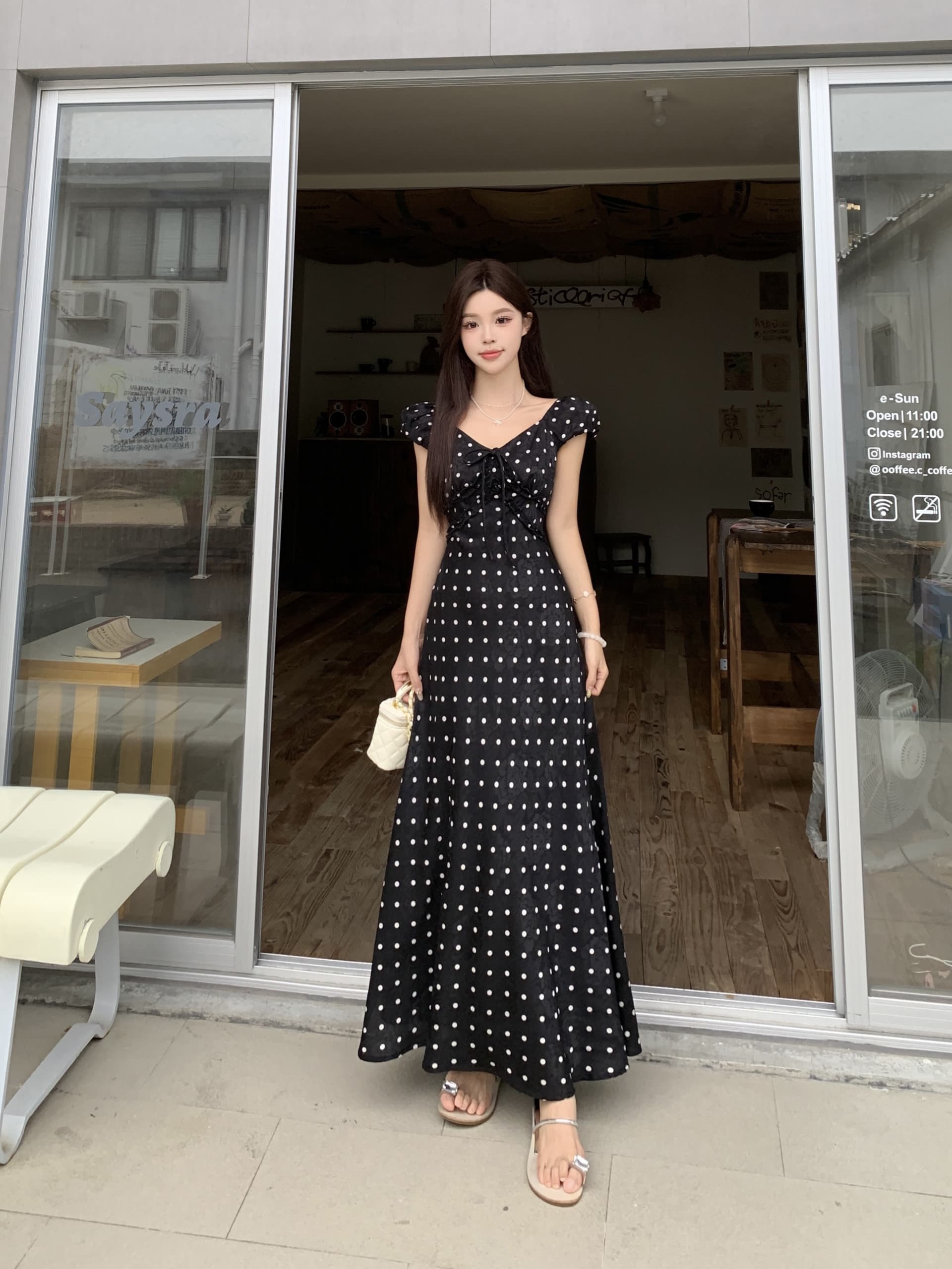 빅 사이즈 휴가 바람 디자인 센스 단색 프랑스식 도트 무늬 작은 날다 소매 여성 드레스 여름 허리 수축 슬림해 보이는 A라인 스커트 상세 이미지 21