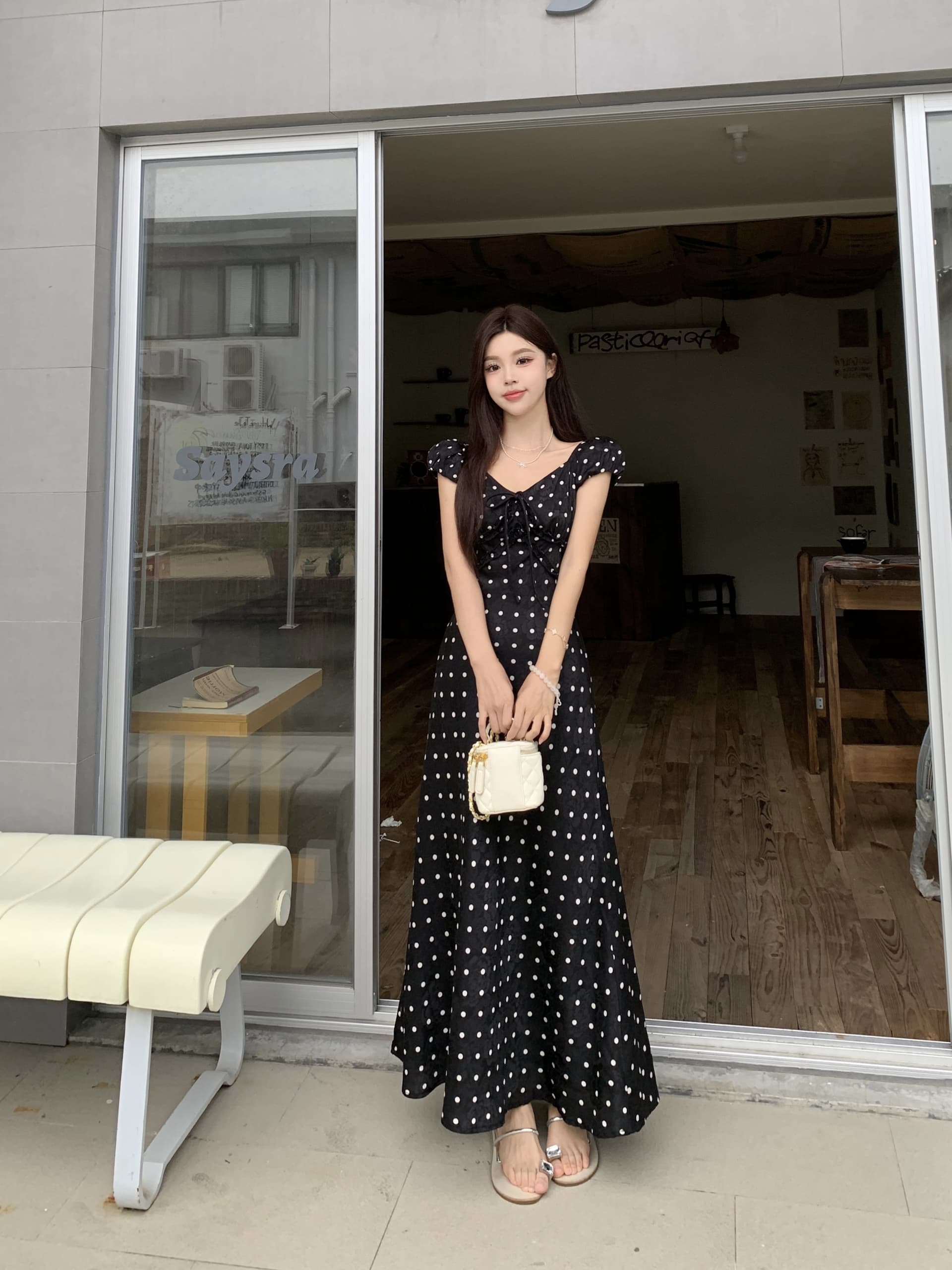 빅 사이즈 휴가 바람 디자인 센스 단색 프랑스식 도트 무늬 작은 날다 소매 여성 드레스 여름 허리 수축 슬림해 보이는 A라인 스커트 상세 이미지 22