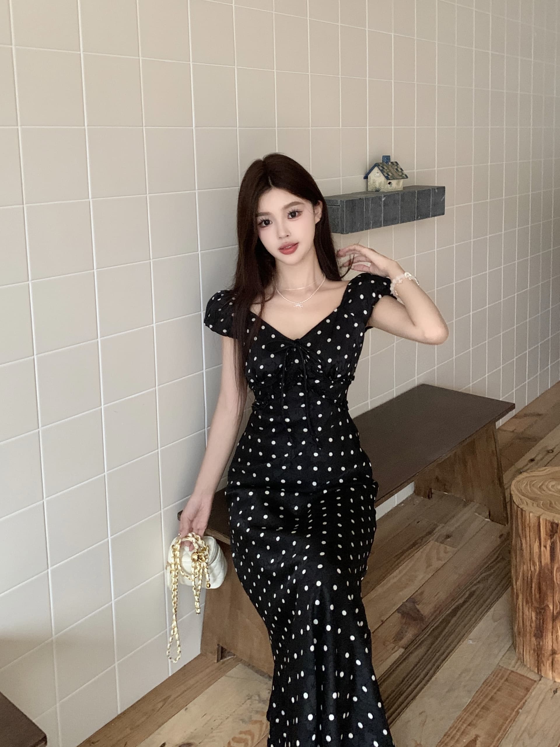 빅 사이즈 휴가 바람 디자인 센스 단색 프랑스식 도트 무늬 작은 날다 소매 여성 드레스 여름 허리 수축 슬림해 보이는 A라인 스커트 상세 이미지 29