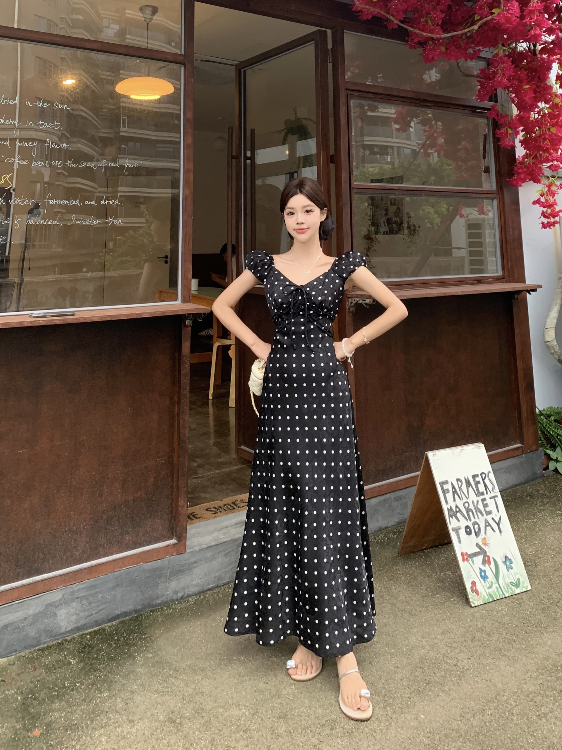 빅 사이즈 휴가 바람 디자인 센스 단색 프랑스식 도트 무늬 작은 날다 소매 여성 드레스 여름 허리 수축 슬림해 보이는 A라인 스커트 상세 이미지 31