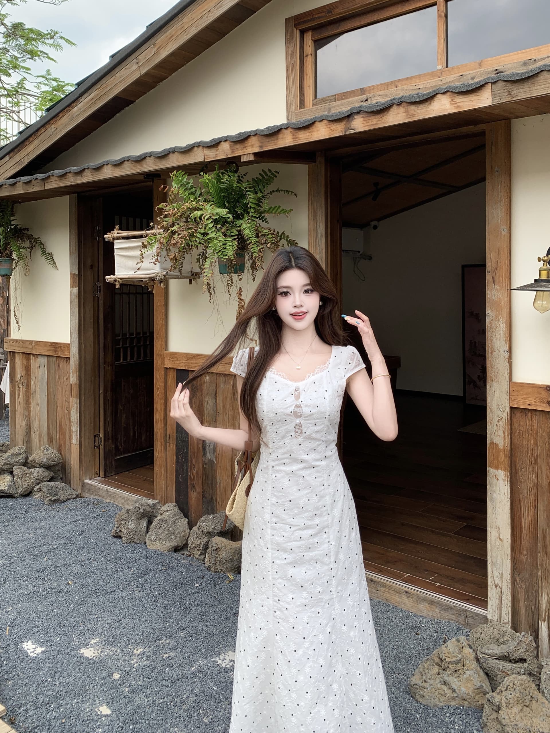 빅 사이즈 복잡한 고대 칼라 부드러운 바람 도트 무늬 허리 수축 인어 꼬리 롱 스커트 여름 새로운 자이언트 잘 생긴 ~ 중 고유 한 점프 슈트 치마 상세 이미지 8
