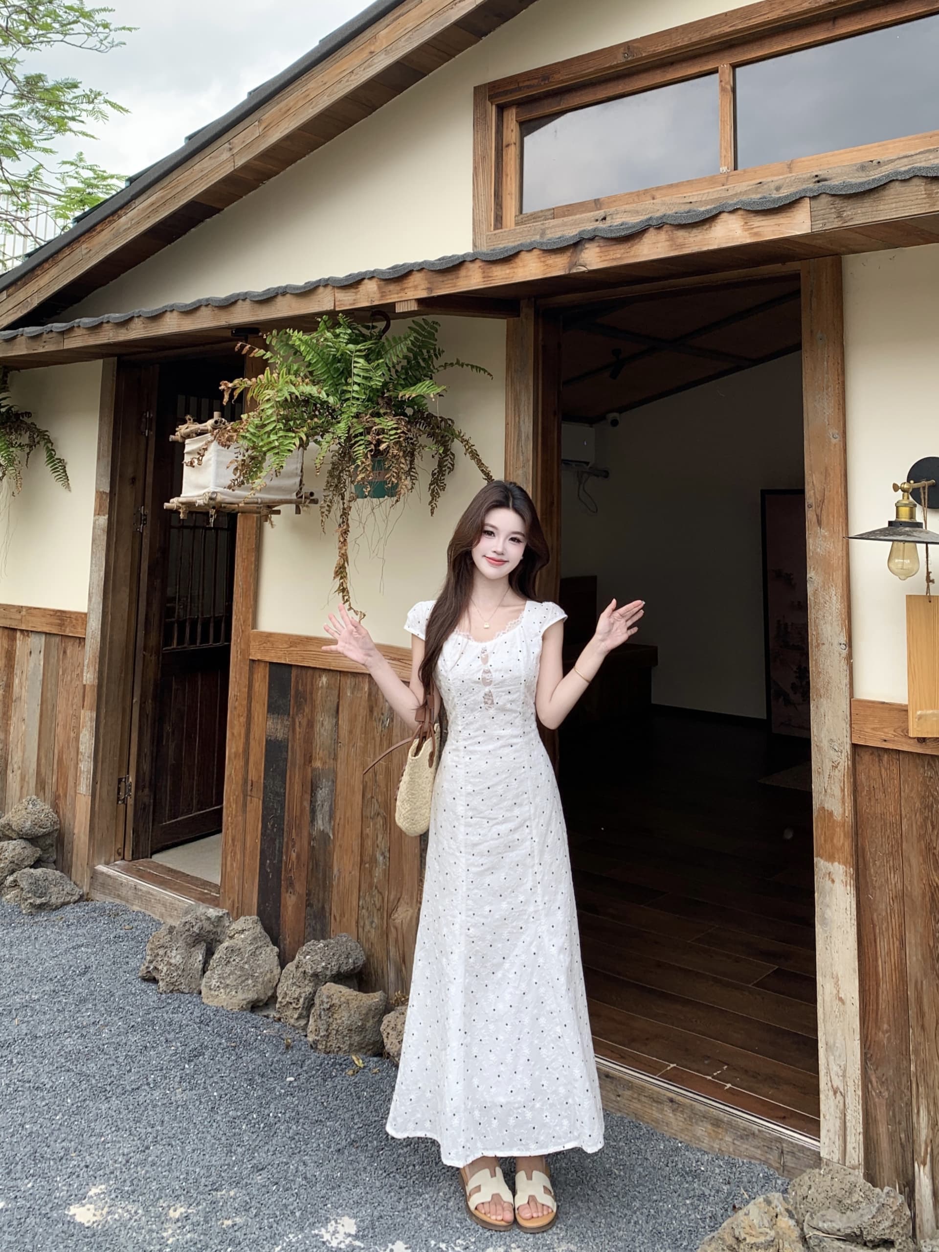 빅 사이즈 복잡한 고대 칼라 부드러운 바람 도트 무늬 허리 수축 인어 꼬리 롱 스커트 여름 새로운 자이언트 잘 생긴 ~ 중 고유 한 점프 슈트 치마 상세 이미지 9