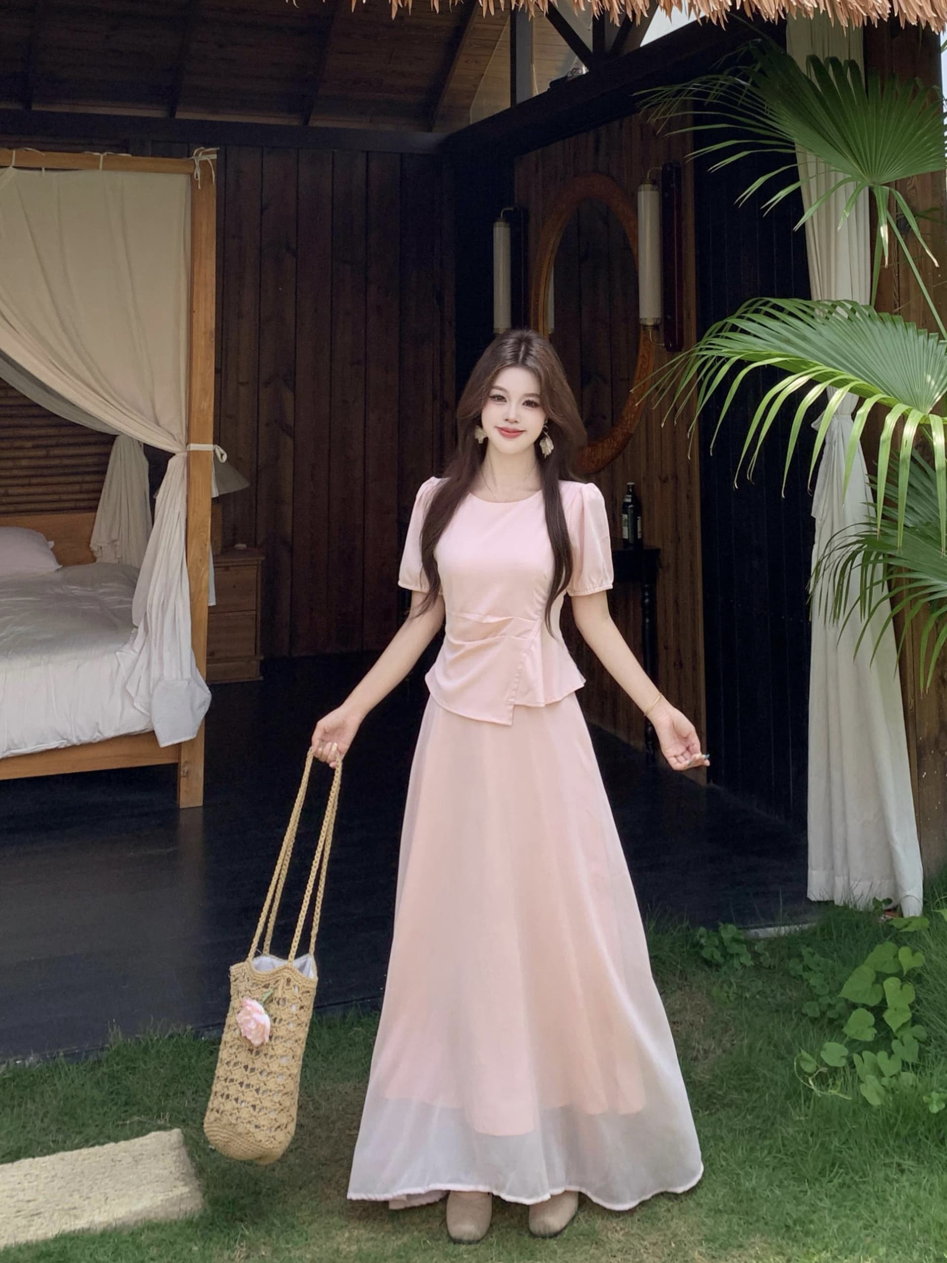 빅 사이즈 마이크로 지방 mm 뮤즈 치마 한 부서 페이크 레이어드 드레스 부드러운 롱 스커트 여성 여름 품격 핑크색 드레스 상세 이미지 4