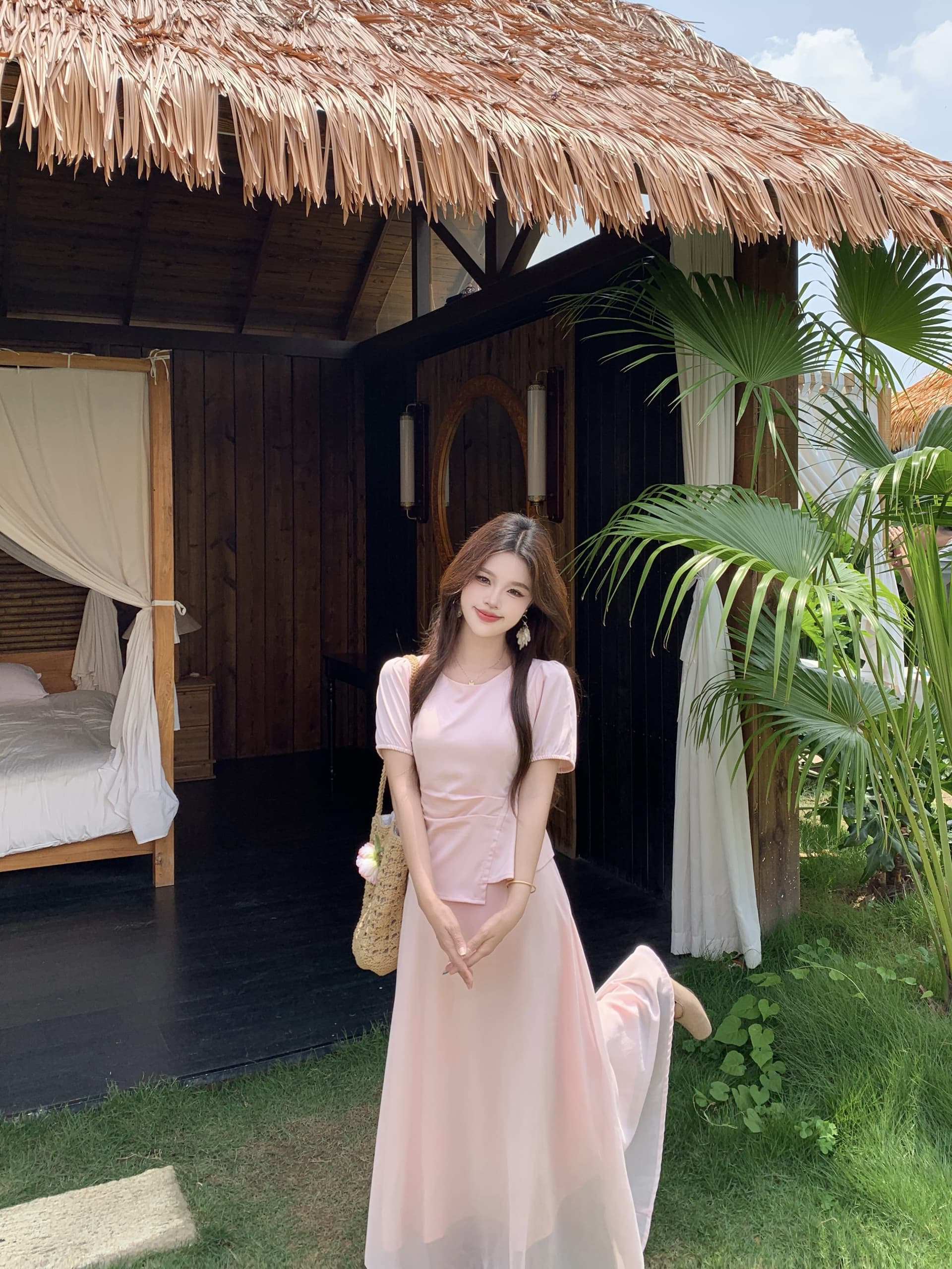 빅 사이즈 마이크로 지방 mm 뮤즈 치마 한 부서 페이크 레이어드 드레스 부드러운 롱 스커트 여성 여름 품격 핑크색 드레스 상세 이미지 17