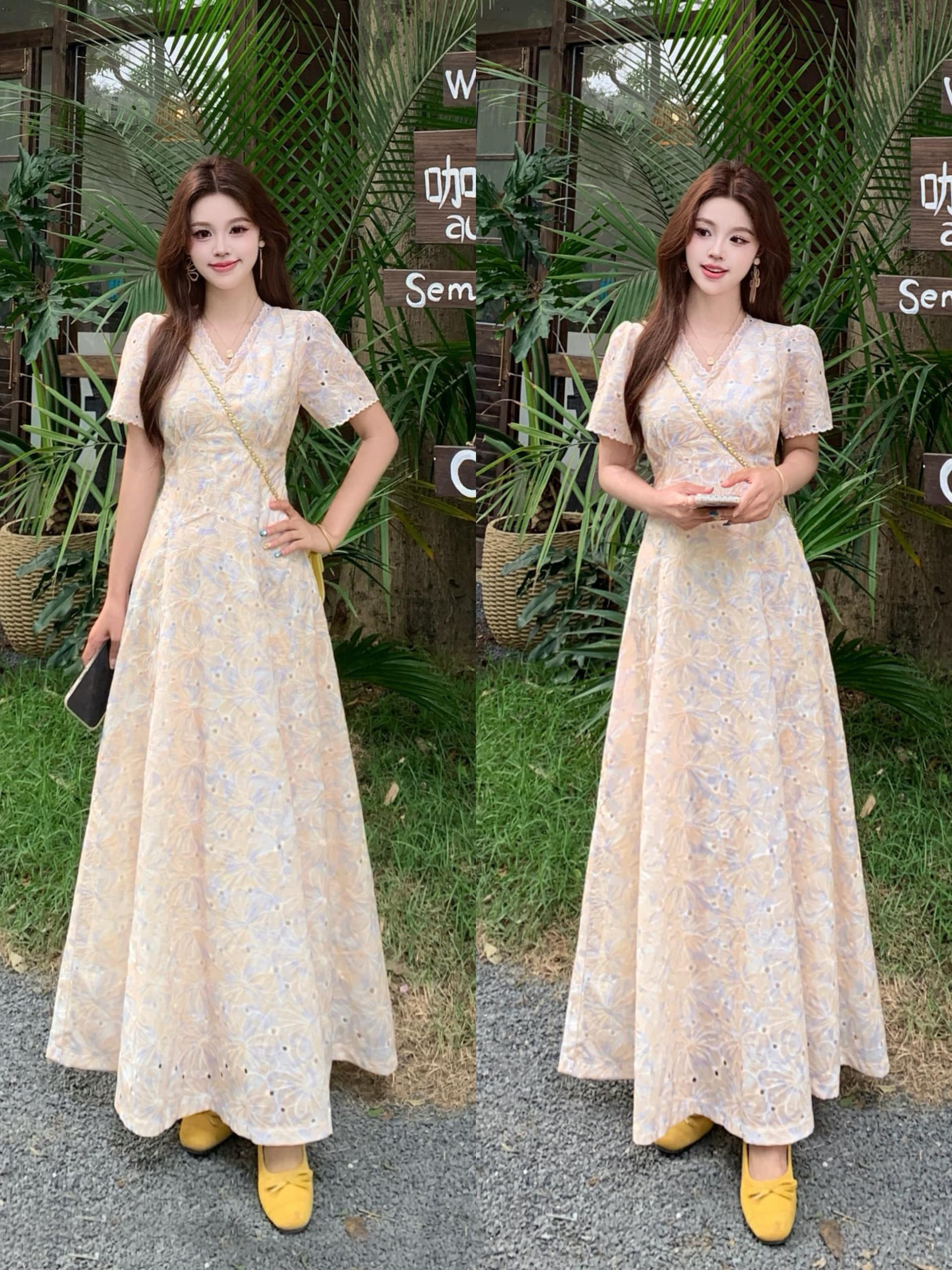 빅 사이즈 26 프랑스식 부드러운 바람 프라임 황색 빛 블루 자수 V넥 허리 수축 슬림해 보이는 레트로 품격 휴가 여성 드레스