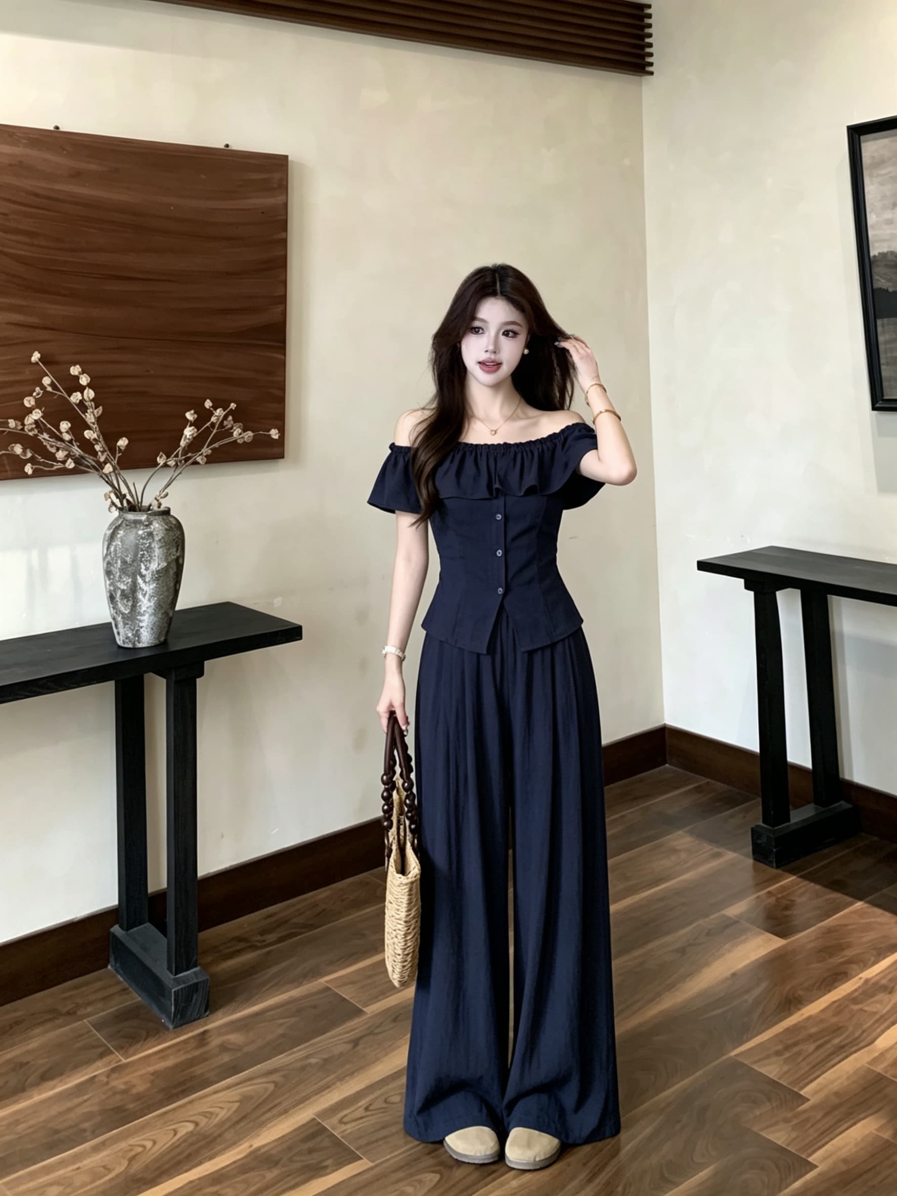 빅 사이즈 여름 외국 가스 프랑스식 해군 프릴 핫걸 세트 오프숄더 맨위 하이웨이스트 와이드 레그 팬츠 투피스 세트 상세 이미지 8