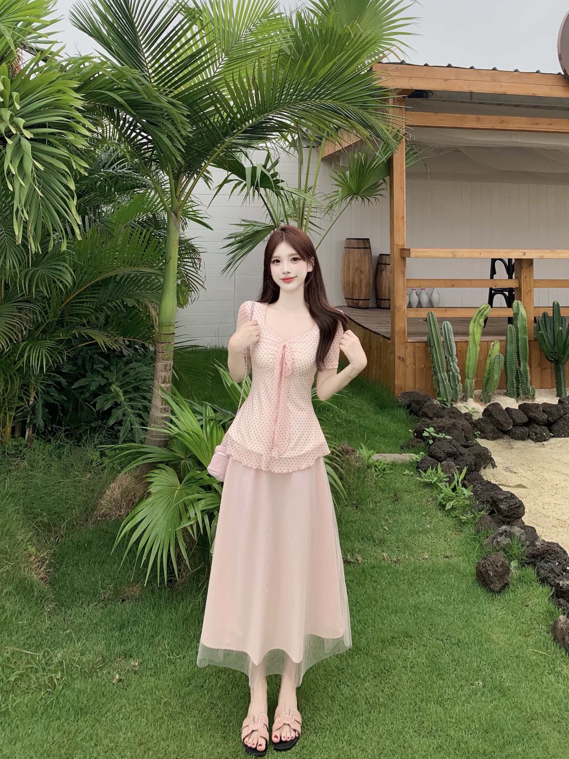 마이크로 지방 mm 프랑스식 도트 무늬 망사 맨위 티셔츠 여성 여름 2026 새로운 몸매 가꾸기 슬림해 보이는 맨위 반 스커트 세트 상세 이미지 7