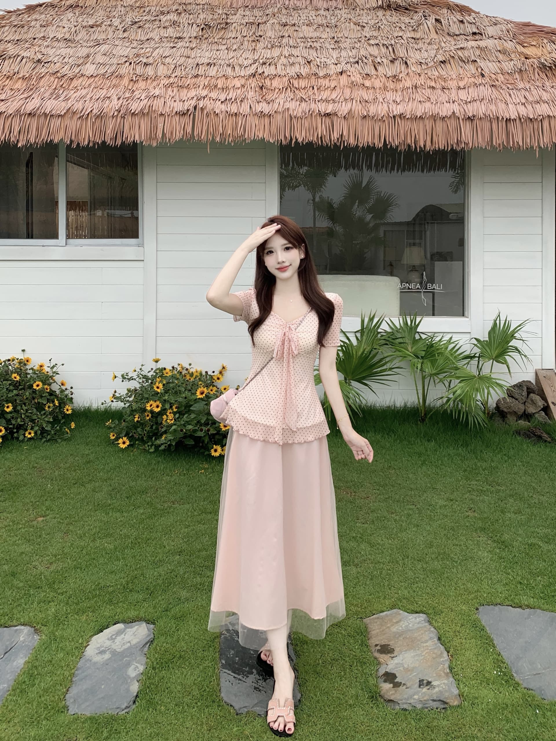 마이크로 지방 mm 프랑스식 도트 무늬 망사 맨위 티셔츠 여성 여름 2026 새로운 몸매 가꾸기 슬림해 보이는 맨위 반 스커트 세트 상세 이미지 9