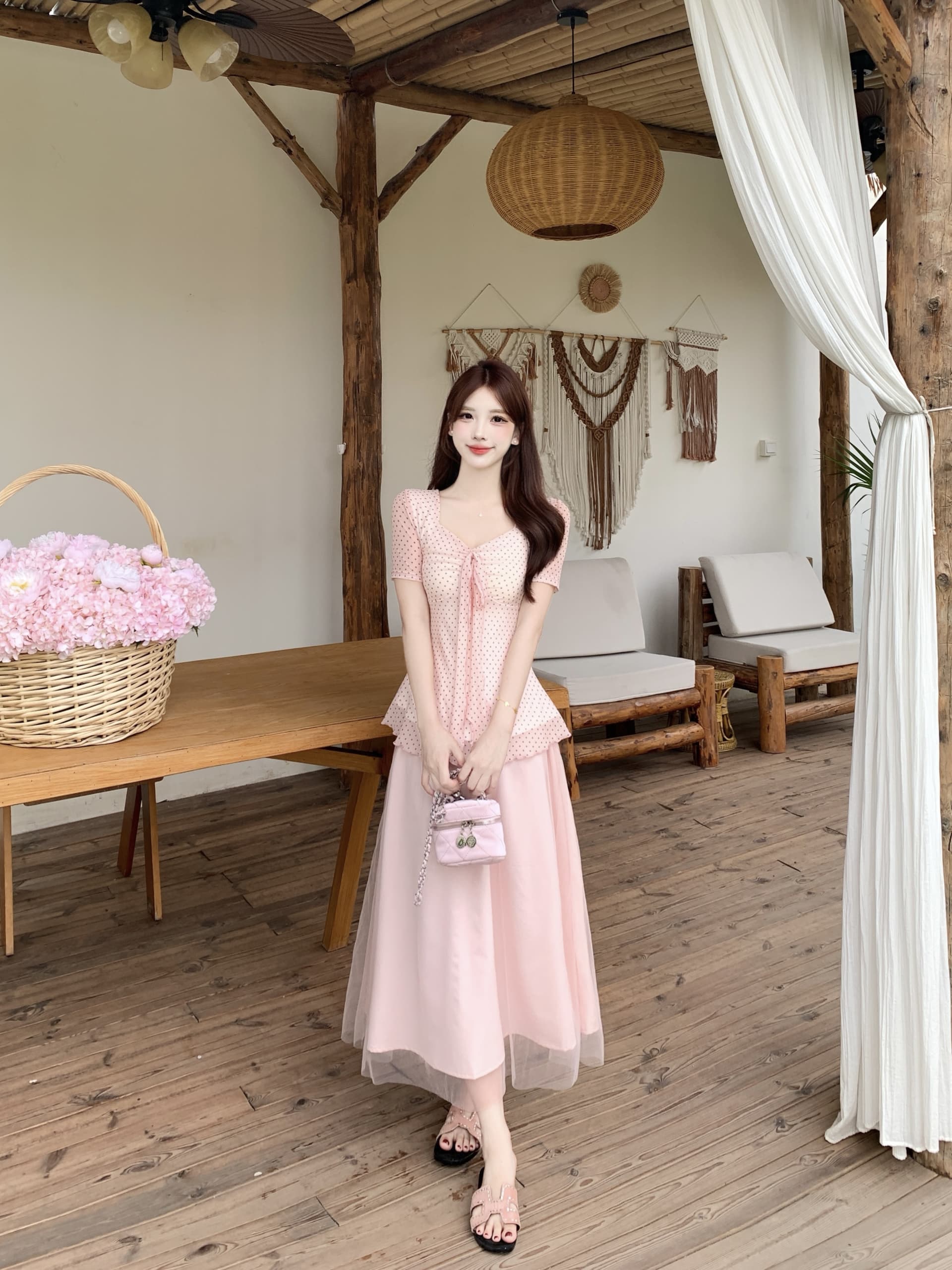 마이크로 지방 mm 프랑스식 도트 무늬 망사 맨위 티셔츠 여성 여름 2026 새로운 몸매 가꾸기 슬림해 보이는 맨위 반 스커트 세트 상세 이미지 11
