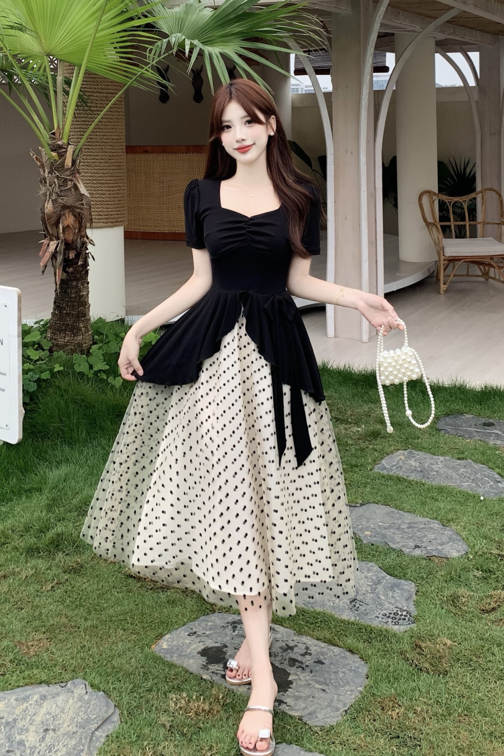 빅 사이즈 도트 무늬 달콤한 머리말 마이크로 지방 mm 검정색 품격 그는 벤 바람 도트 무늬 망사 패치워크 허리 수축 슬림해 보이는 여성 드레스 이미지 6
