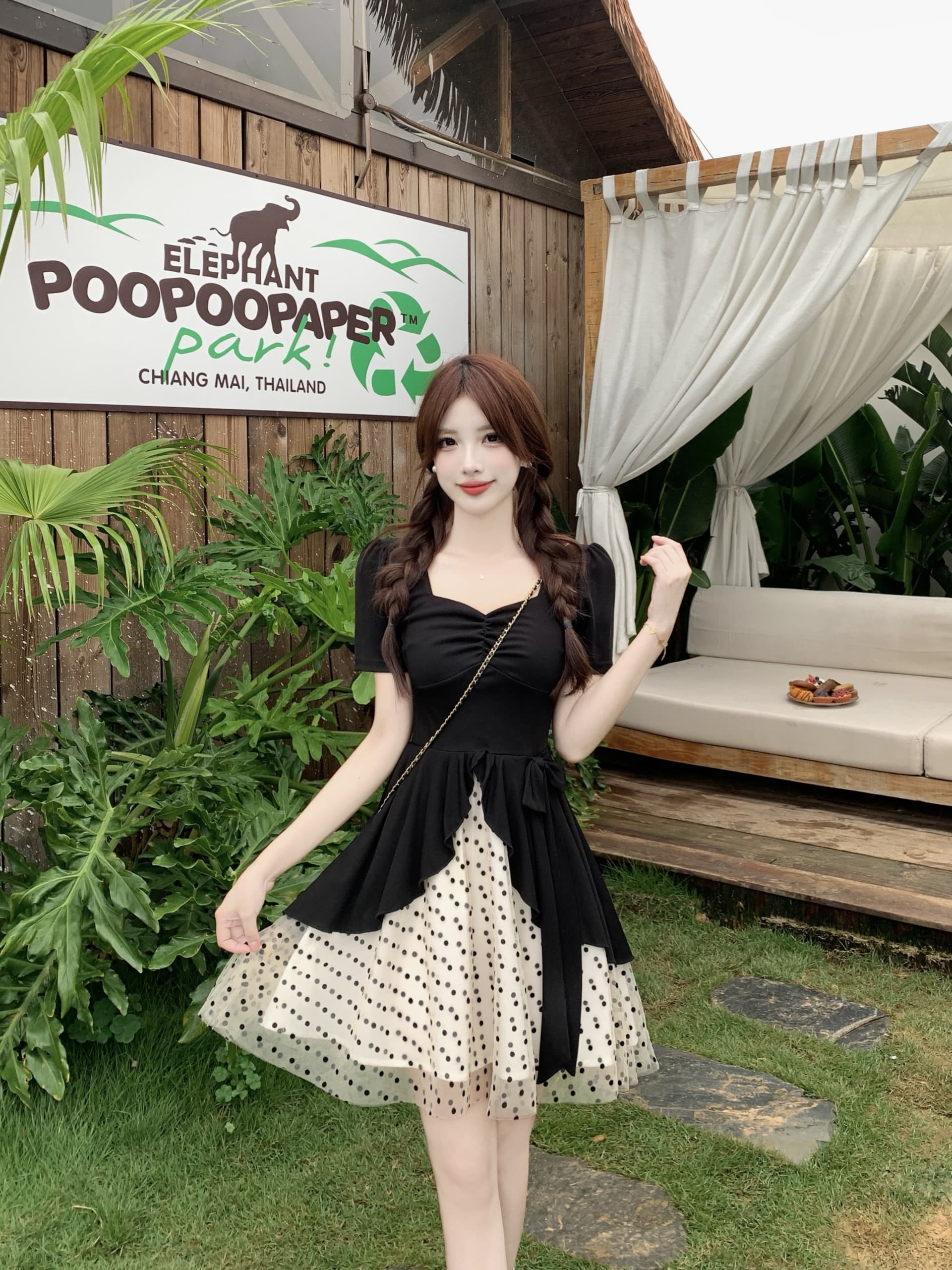 빅 사이즈 도트 무늬 달콤한 머리말 마이크로 지방 mm 검정색 품격 그는 벤 바람 도트 무늬 망사 패치워크 허리 수축 슬림해 보이는 여성 드레스 상세 이미지 5