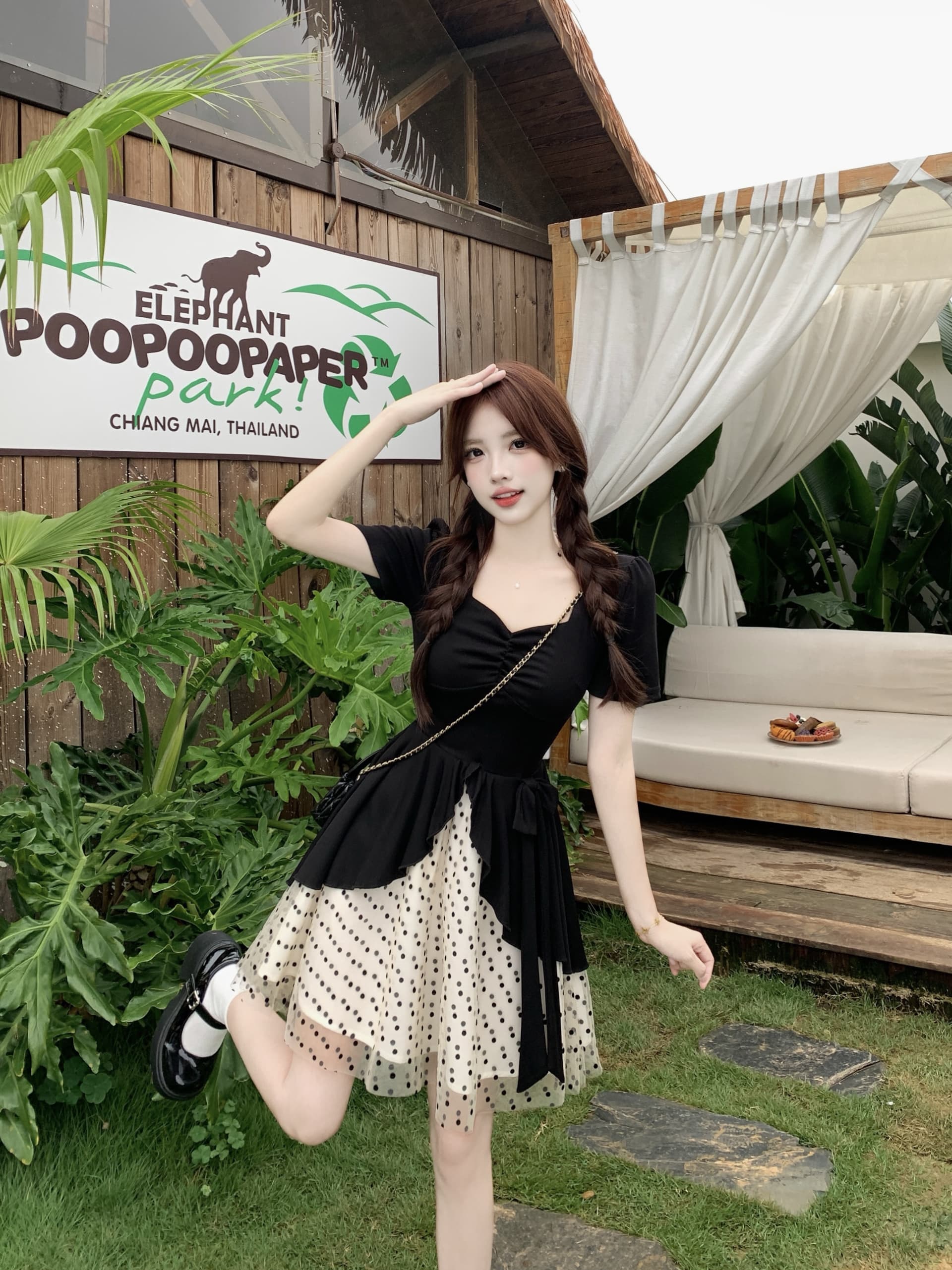 빅 사이즈 도트 무늬 달콤한 머리말 마이크로 지방 mm 검정색 품격 그는 벤 바람 도트 무늬 망사 패치워크 허리 수축 슬림해 보이는 여성 드레스 상세 이미지 6