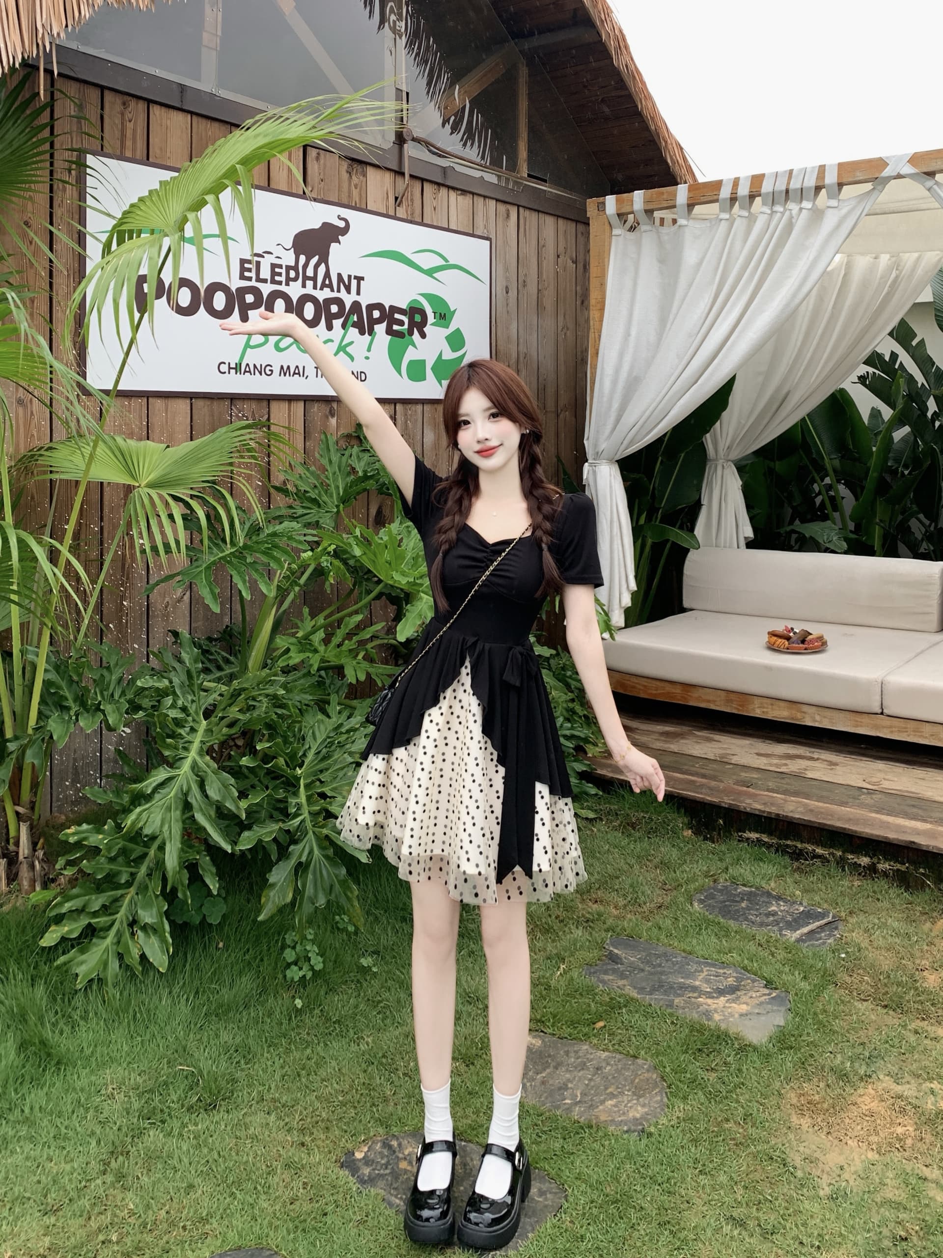 빅 사이즈 도트 무늬 달콤한 머리말 마이크로 지방 mm 검정색 품격 그는 벤 바람 도트 무늬 망사 패치워크 허리 수축 슬림해 보이는 여성 드레스 상세 이미지 7