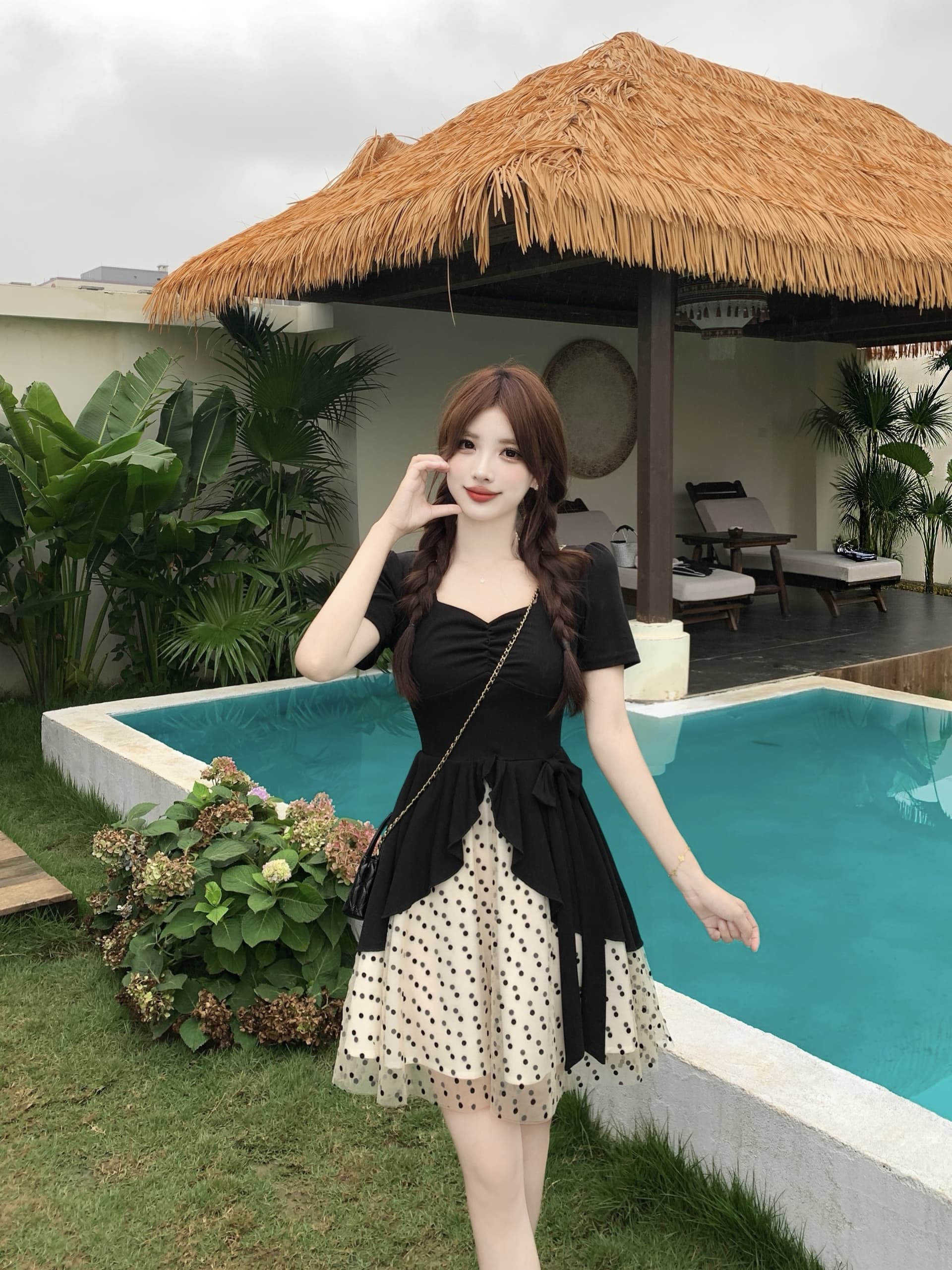 빅 사이즈 도트 무늬 달콤한 머리말 마이크로 지방 mm 검정색 품격 그는 벤 바람 도트 무늬 망사 패치워크 허리 수축 슬림해 보이는 여성 드레스 상세 이미지 8