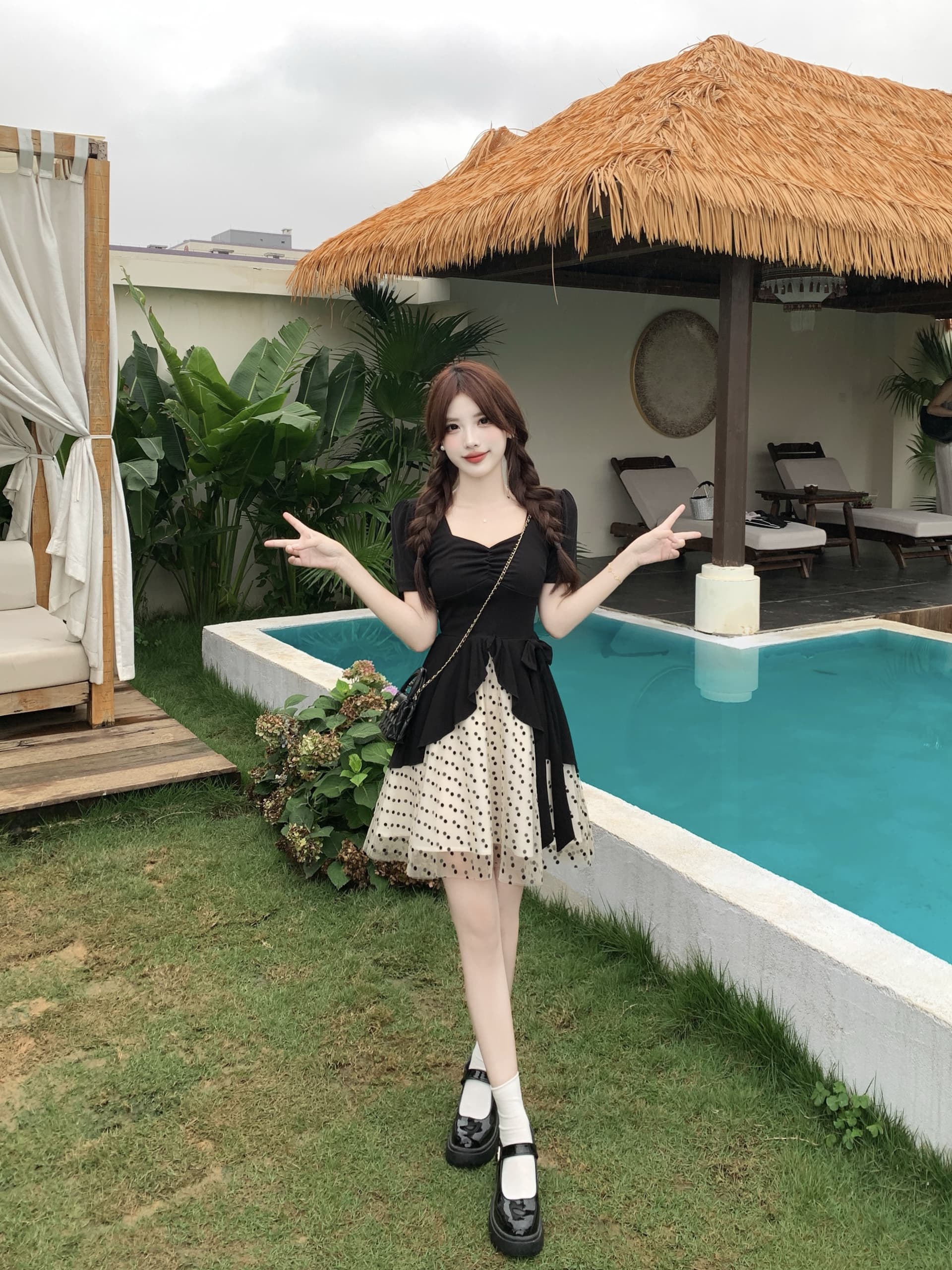 빅 사이즈 도트 무늬 달콤한 머리말 마이크로 지방 mm 검정색 품격 그는 벤 바람 도트 무늬 망사 패치워크 허리 수축 슬림해 보이는 여성 드레스 상세 이미지 9