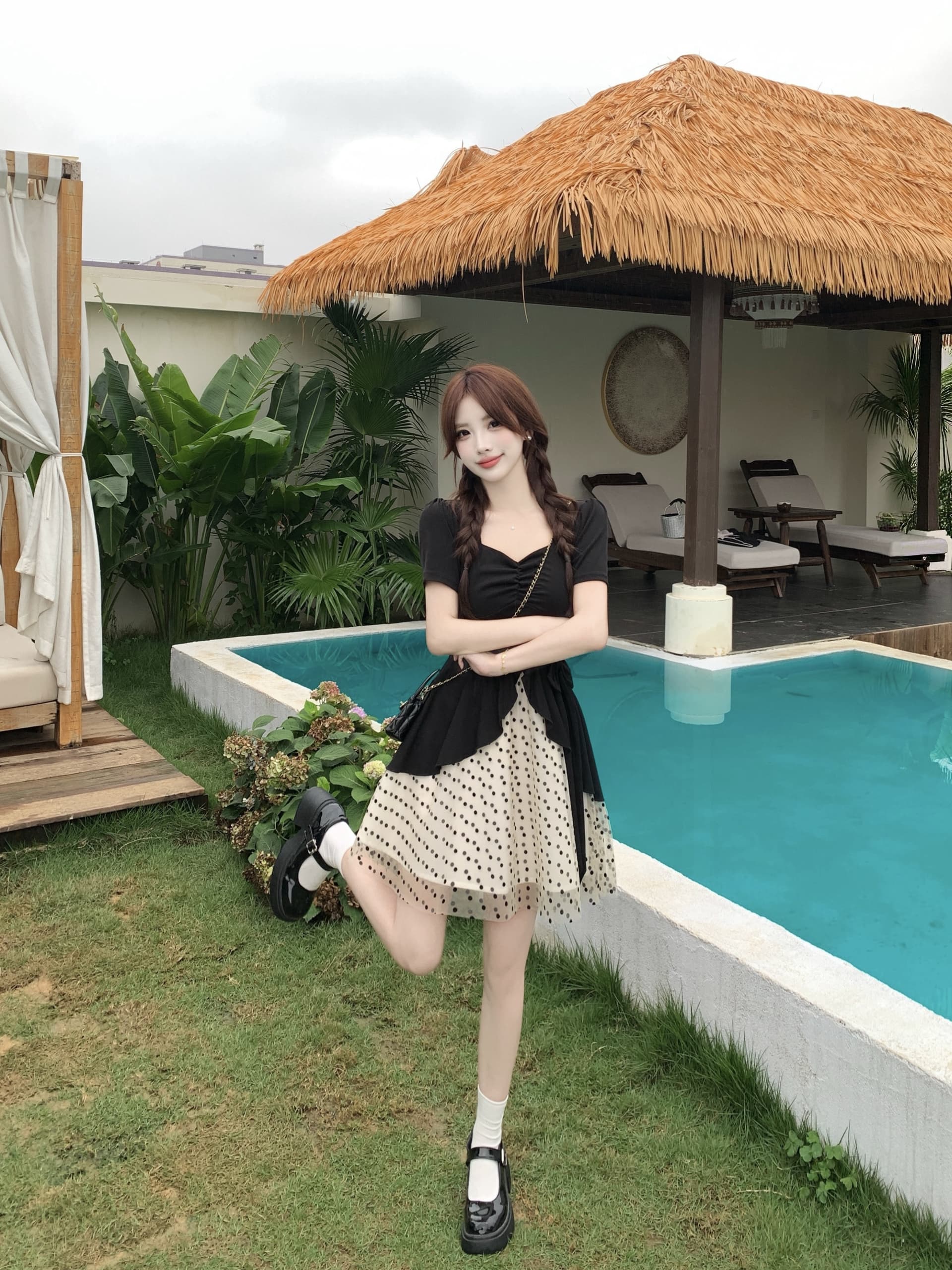 빅 사이즈 도트 무늬 달콤한 머리말 마이크로 지방 mm 검정색 품격 그는 벤 바람 도트 무늬 망사 패치워크 허리 수축 슬림해 보이는 여성 드레스 상세 이미지 10