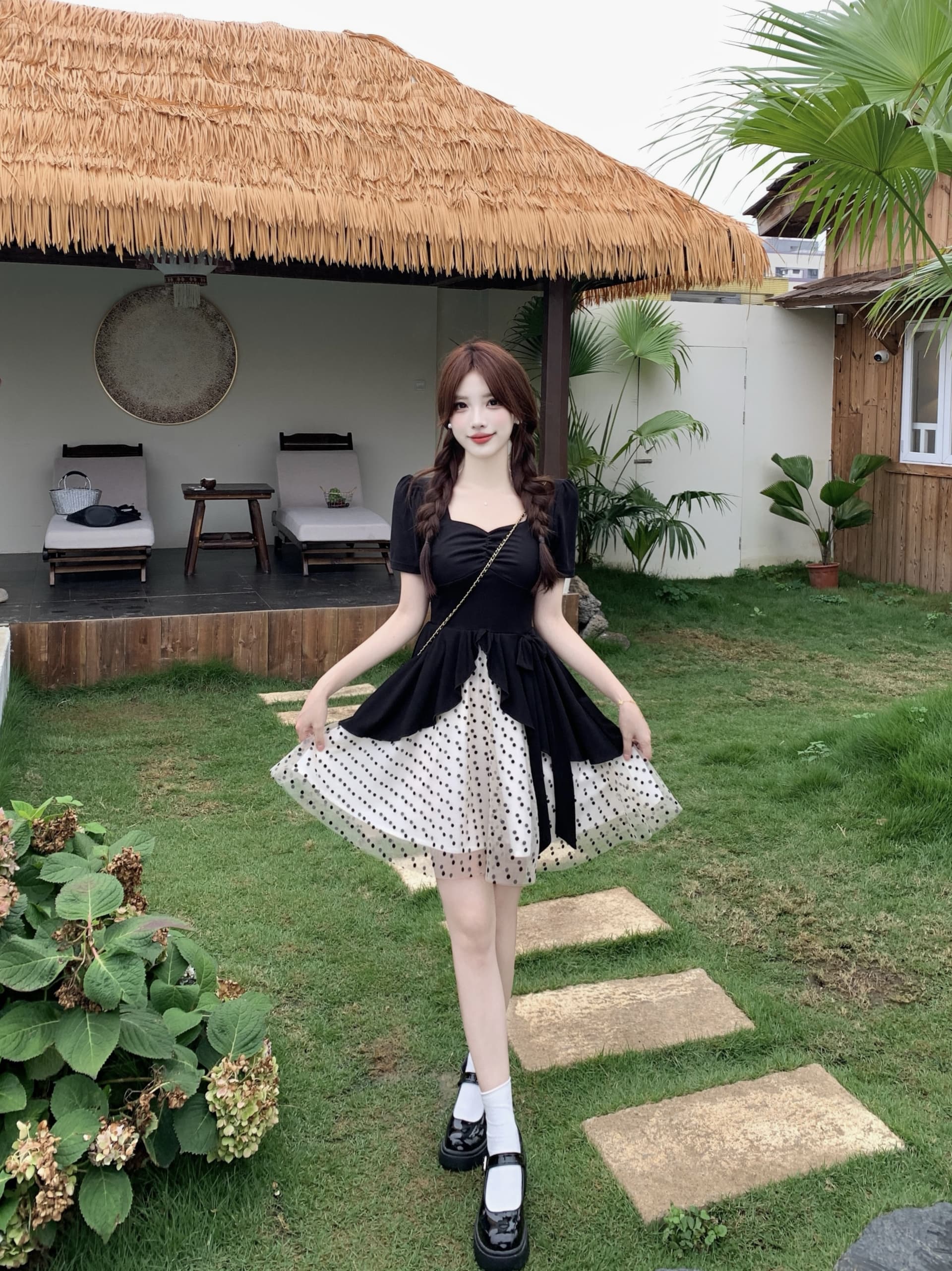 빅 사이즈 도트 무늬 달콤한 머리말 마이크로 지방 mm 검정색 품격 그는 벤 바람 도트 무늬 망사 패치워크 허리 수축 슬림해 보이는 여성 드레스 상세 이미지 13