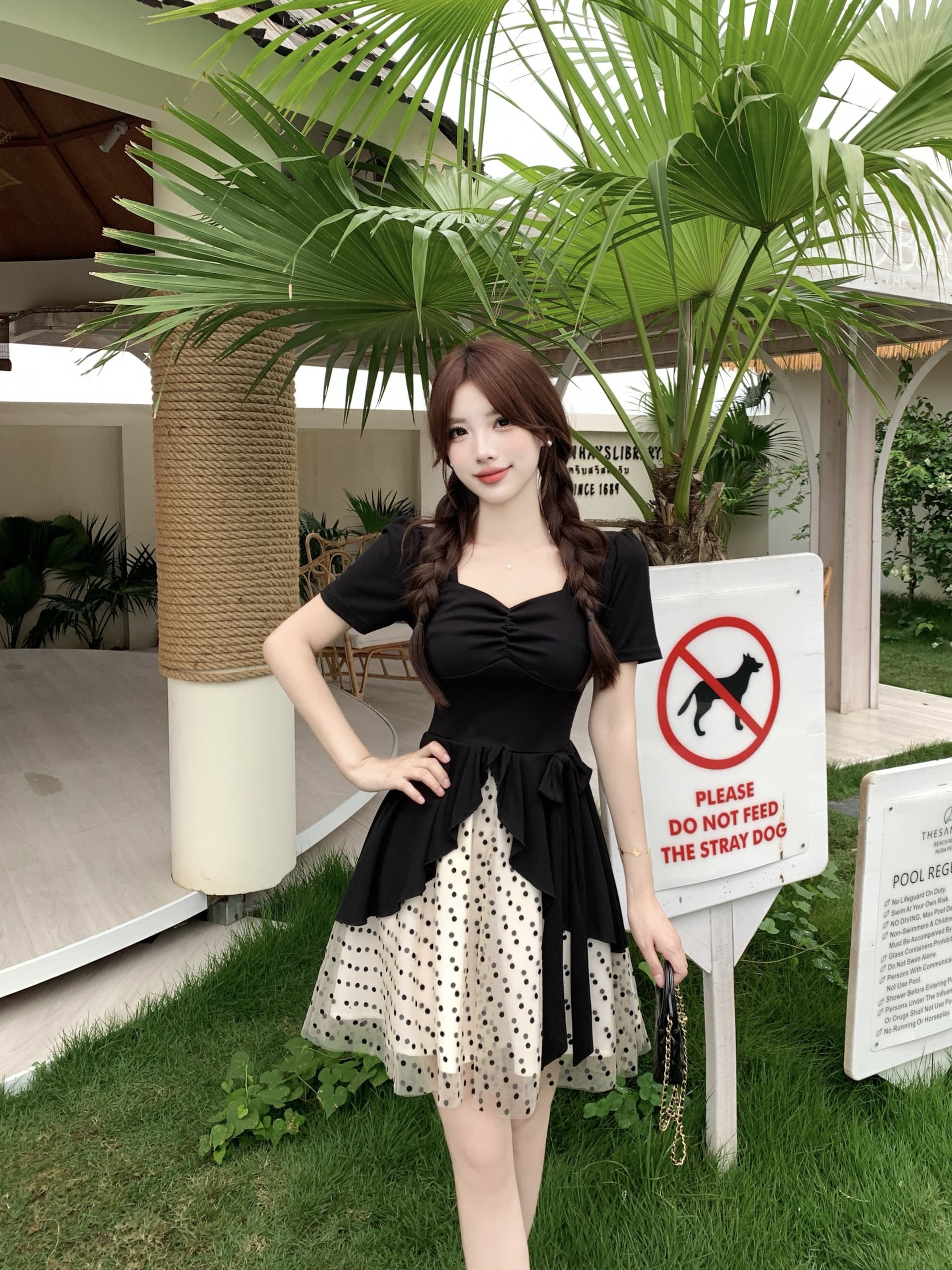 빅 사이즈 도트 무늬 달콤한 머리말 마이크로 지방 mm 검정색 품격 그는 벤 바람 도트 무늬 망사 패치워크 허리 수축 슬림해 보이는 여성 드레스 상세 이미지 14
